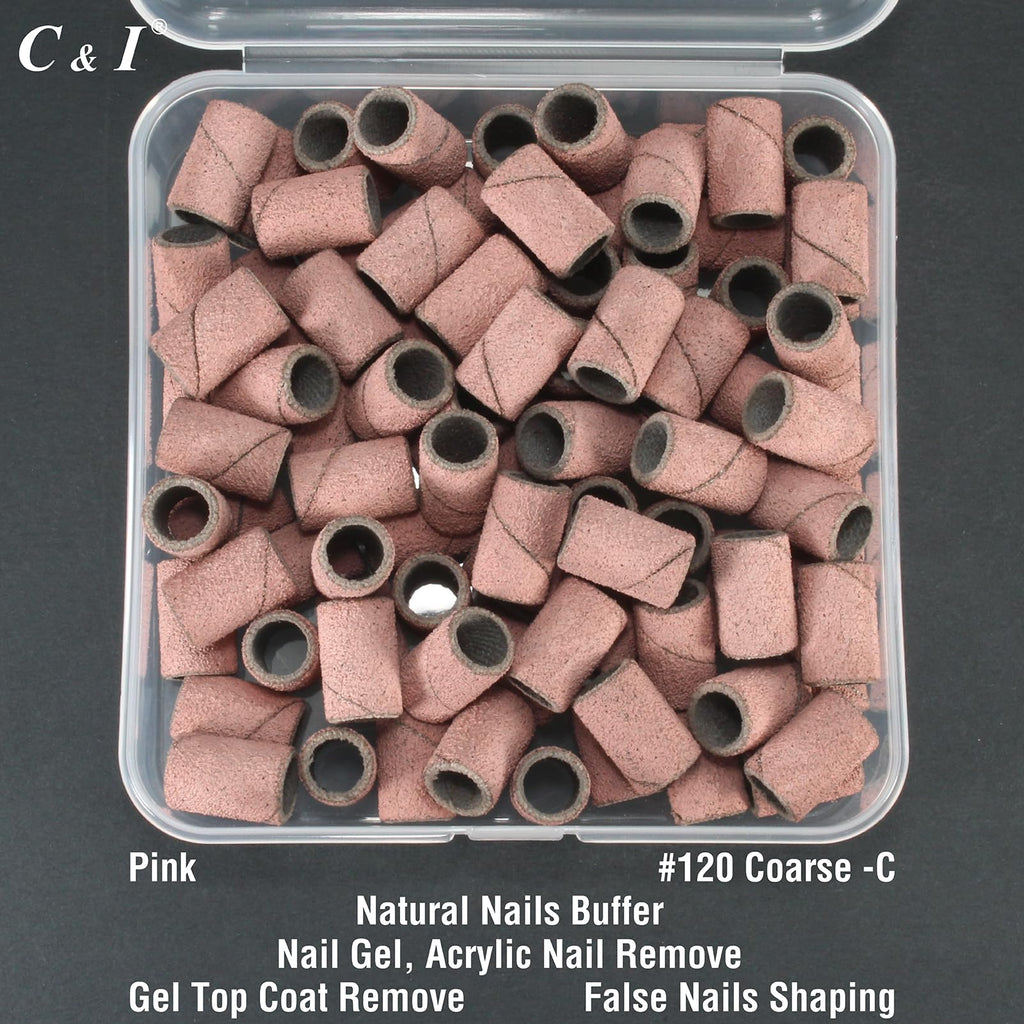 C & I Nail Sanding Bands 100 Pcs + Upgrade Mandrel – 8 Grits (Pink, #120 Coarse)