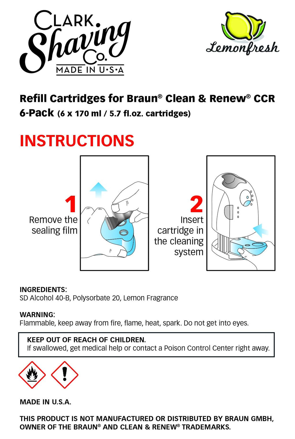 Clark Shaving Co. Refill Cartridges for Braun Clean & Renew CCR (6-Pack) – Lemon Fresh Formula