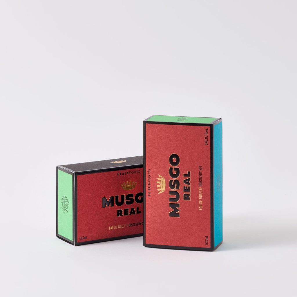 Claus Porto Musgo Real Discovery Set — 5 Fragrances (2ml each): Alto Mar, Puro Sangue, 1887, Classico 22, Black Edition