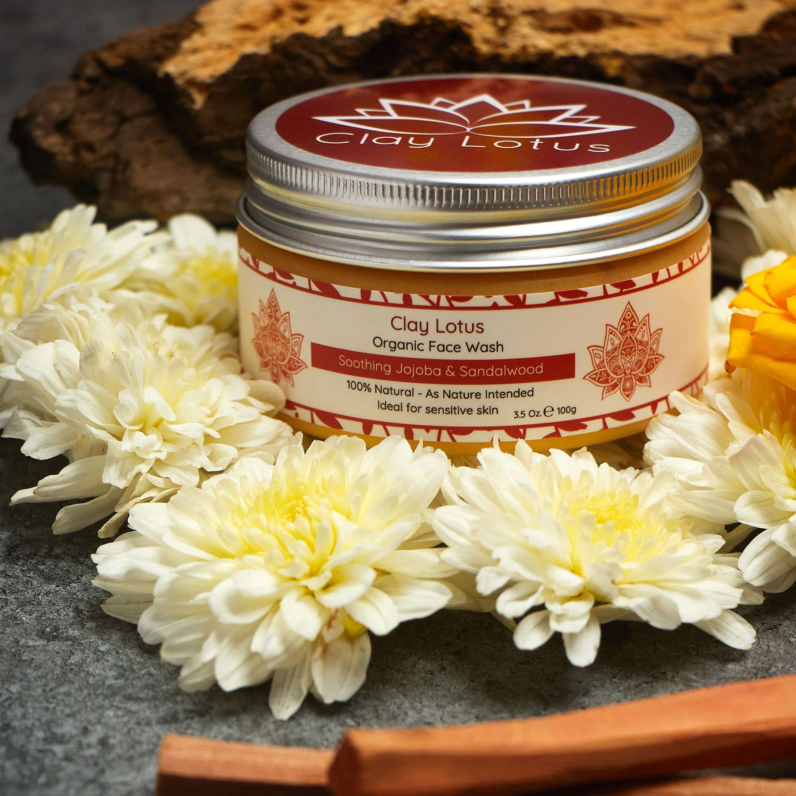 Clay Lotus Organic Face Wash - Gentle, Hydrating Cleanser with Jojoba & Sandalwood | 100% Natural