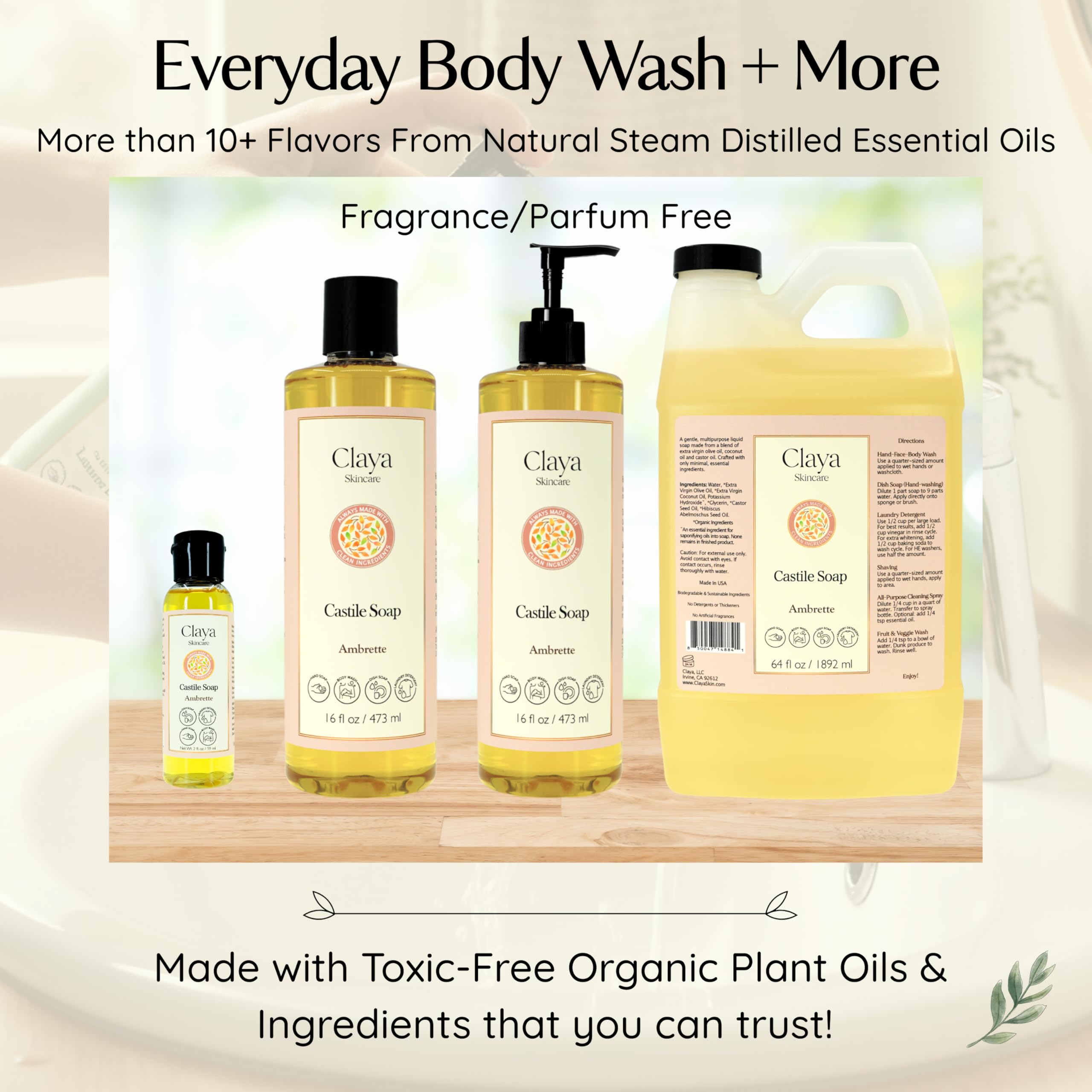Claya Liquid Castile Soap – Organic Oils, Palm-Free, Unscented (16 oz)