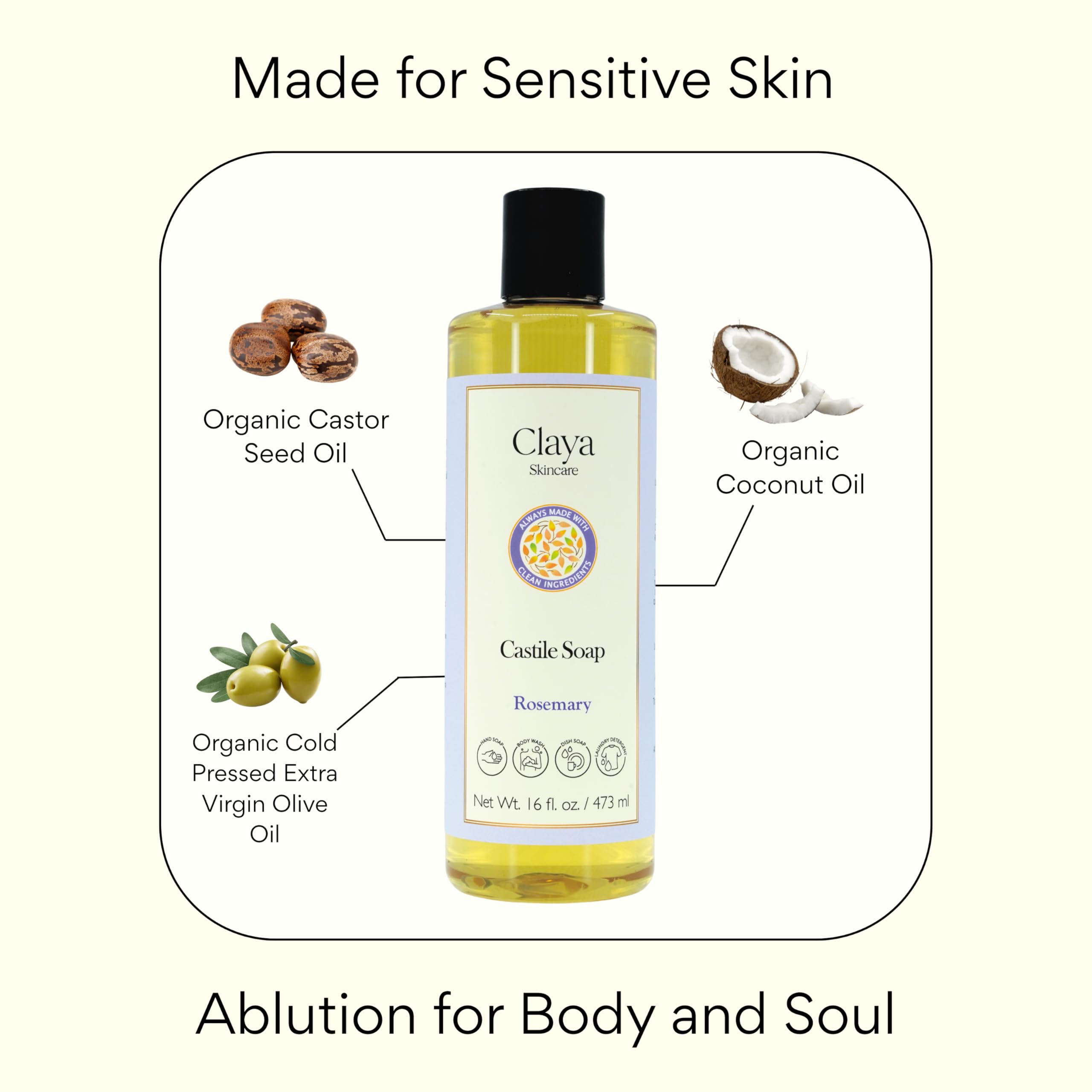 Claya Liquid Castile Soap – Organic, Biodegradable, Gentle for Sensitive Skin (16 fl oz, Laurel Berry)