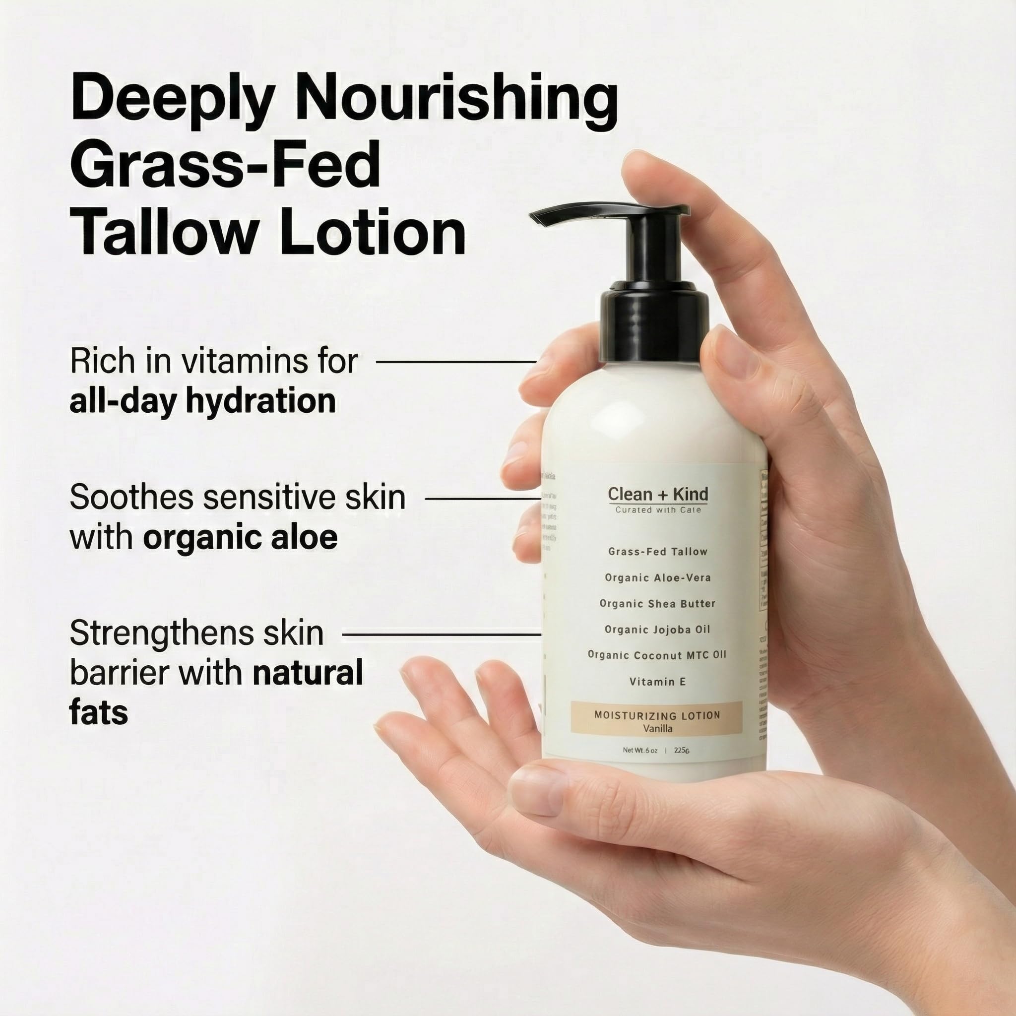 Clean + Kind Daily Moisturizing Lotion – Tallow Body Lotion with Aloe, Shea, Jojoba, MCT Oil & Vitamin E (8 oz, Vanilla)