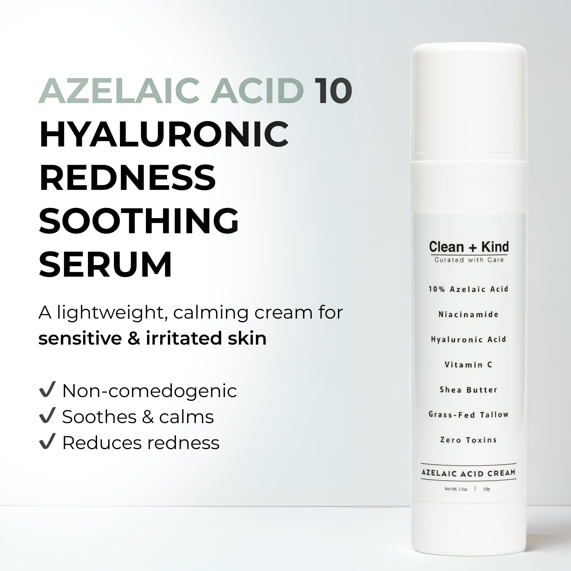 Clean + Kind Azelaic Acid 10% Cream – Niacinamide, Vitamin C & Hyaluronic Acid