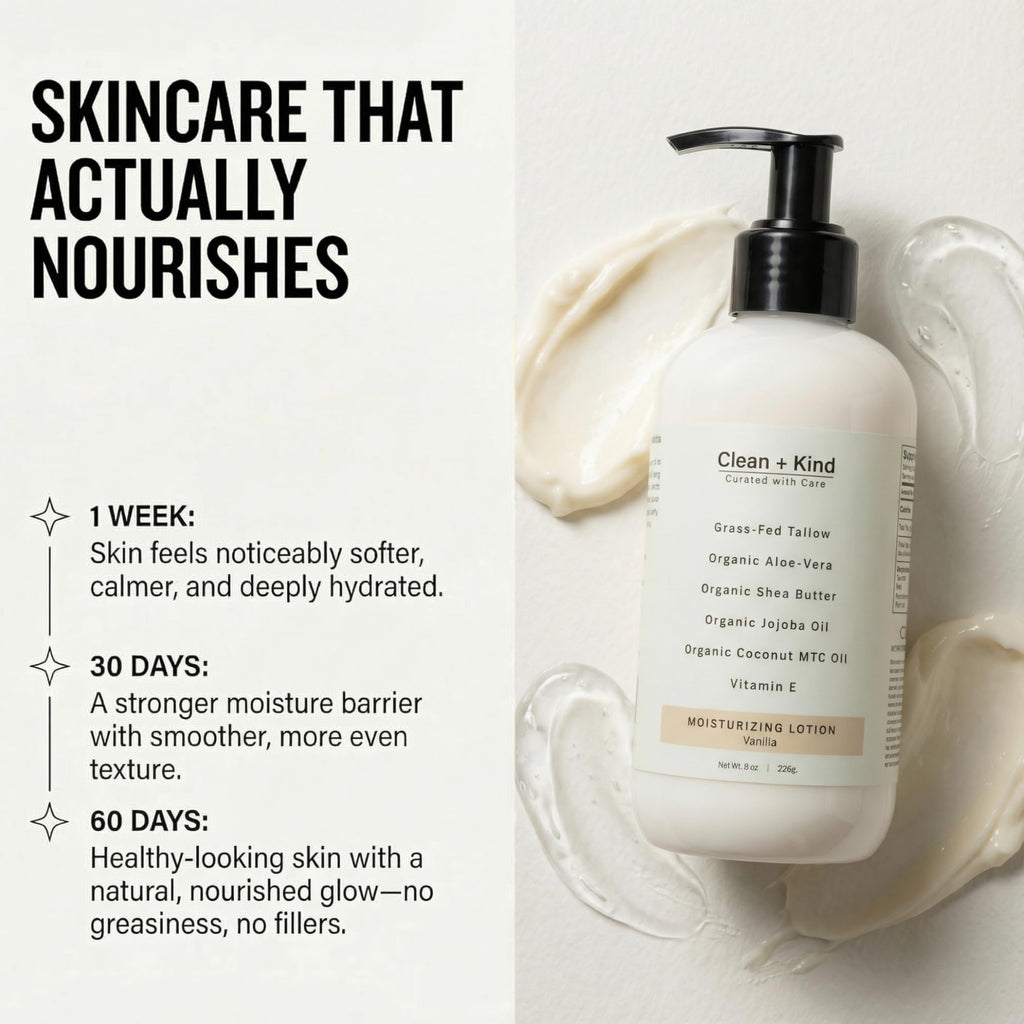 Clean + Kind Daily Moisturizing Lotion – Tallow Body Lotion with Aloe, Shea, Jojoba, MCT Oil & Vitamin E (8 oz, Vanilla)