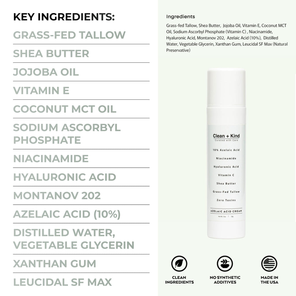 Clean + Kind Azelaic Acid 10% Cream – Niacinamide, Vitamin C & Hyaluronic Acid