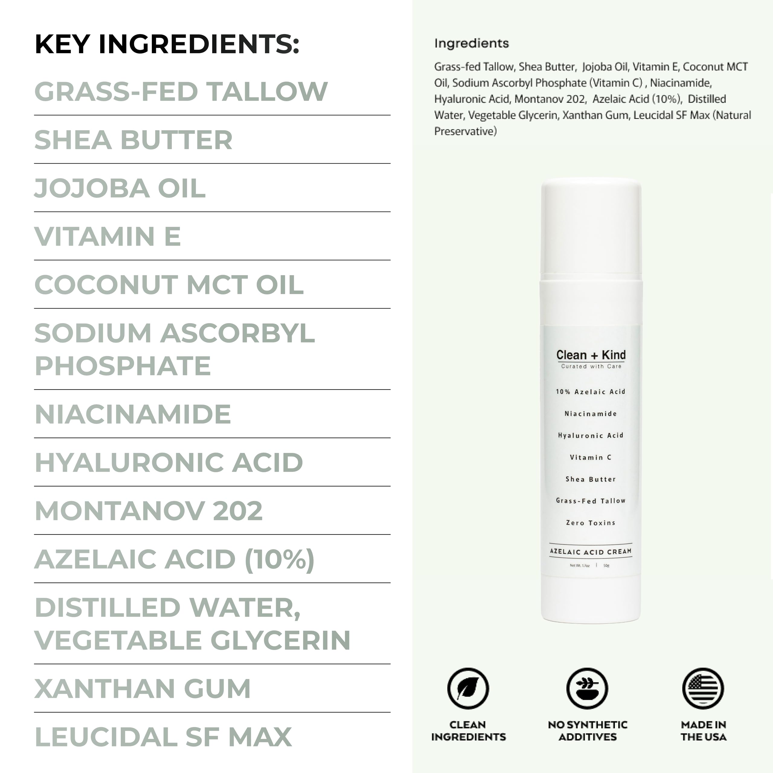 Clean + Kind Azelaic Acid 10% Cream – Niacinamide, Vitamin C & Hyaluronic Acid