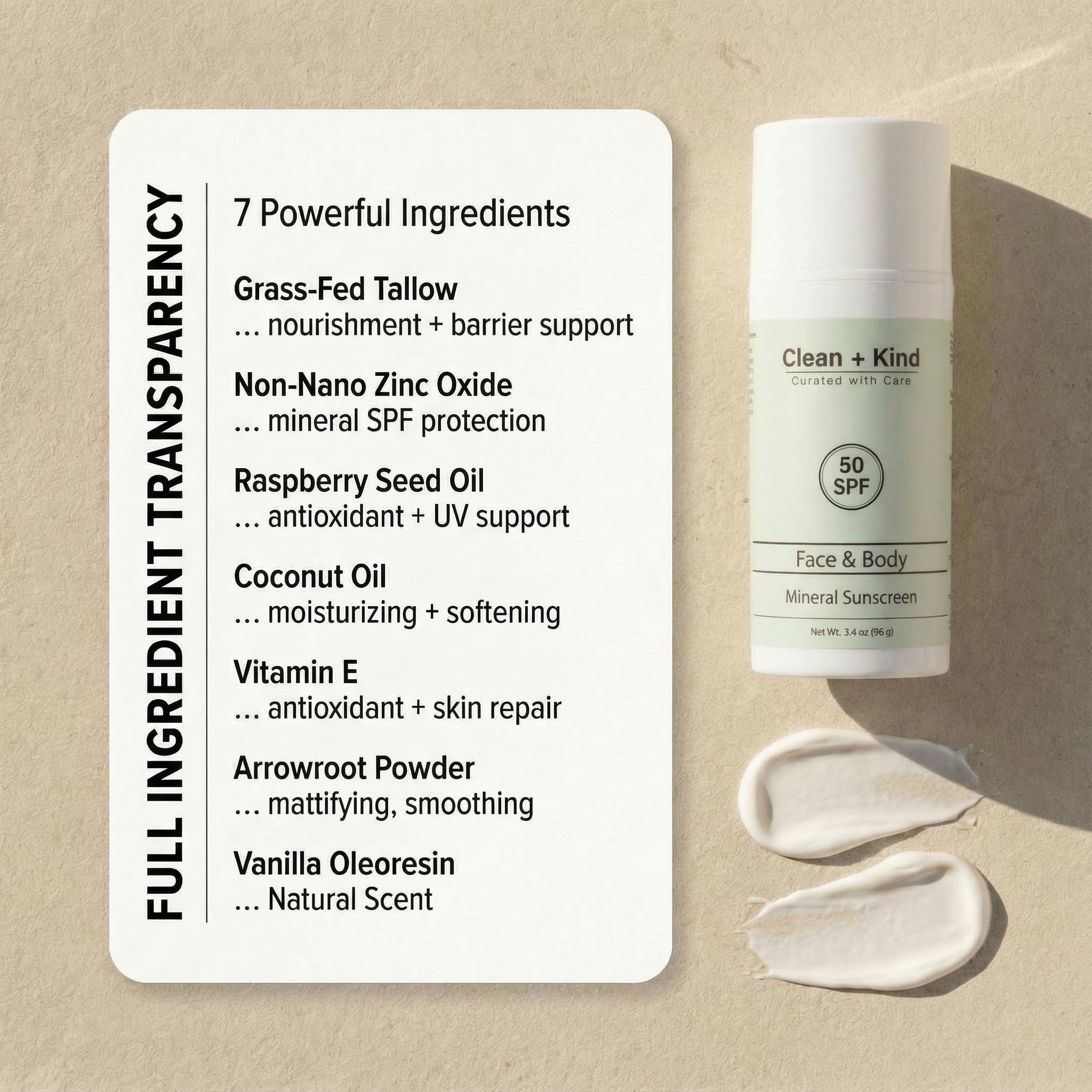 Clean + Kind Tallow Sunscreen SPF 50 – Mineral Zinc Oxide (3.4 oz)