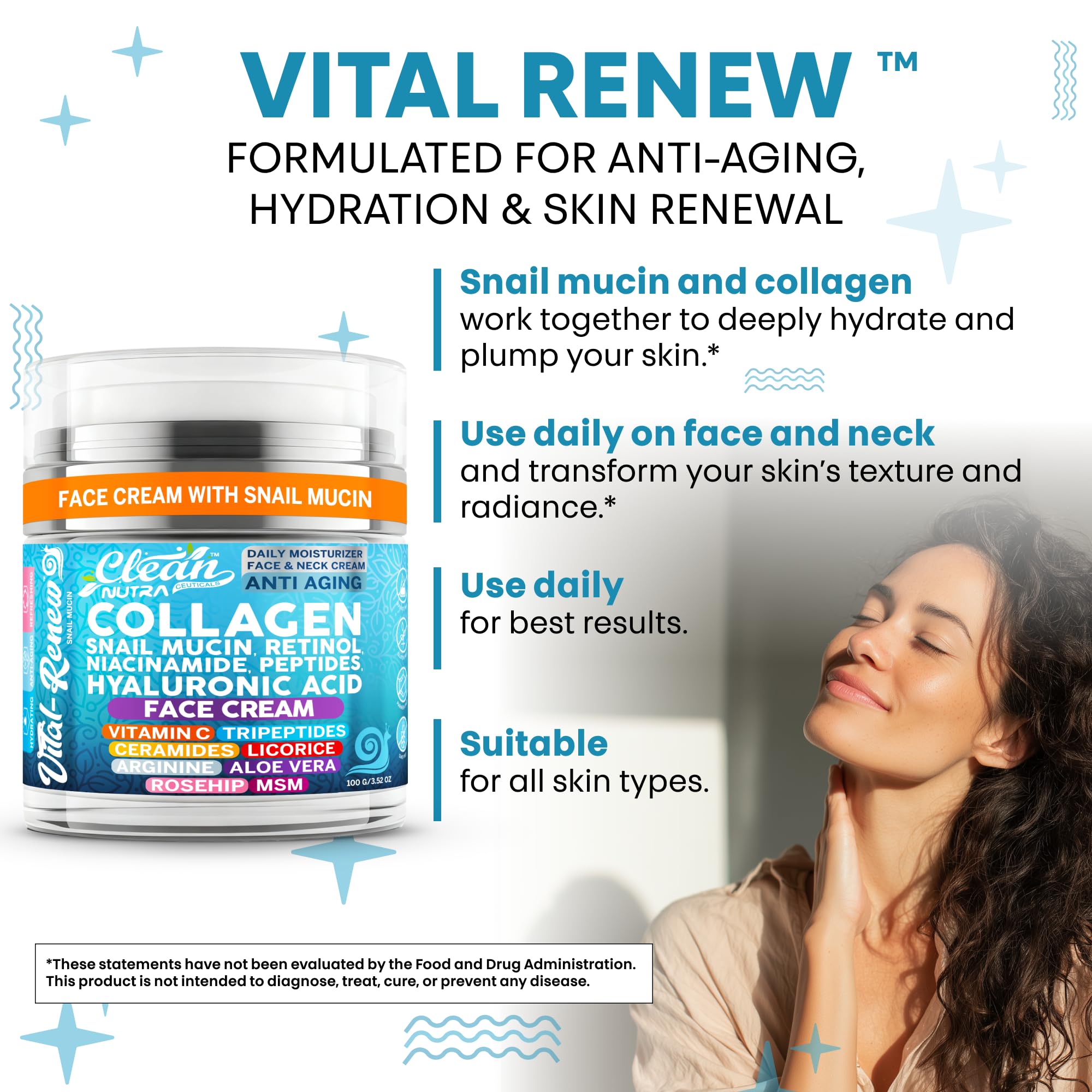 Vital Renew Snail Mucin Collagen Cream by Clean Nutraceuticals – Daily Moisturizer with Retinol, Niacinamide & Hyaluronic Acid