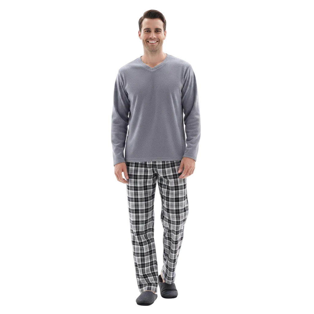 Men's Fleece Pajama Sets: Experience Unmatched Comfort with Our Cozy Grey Top and Black Cotton Bottoms