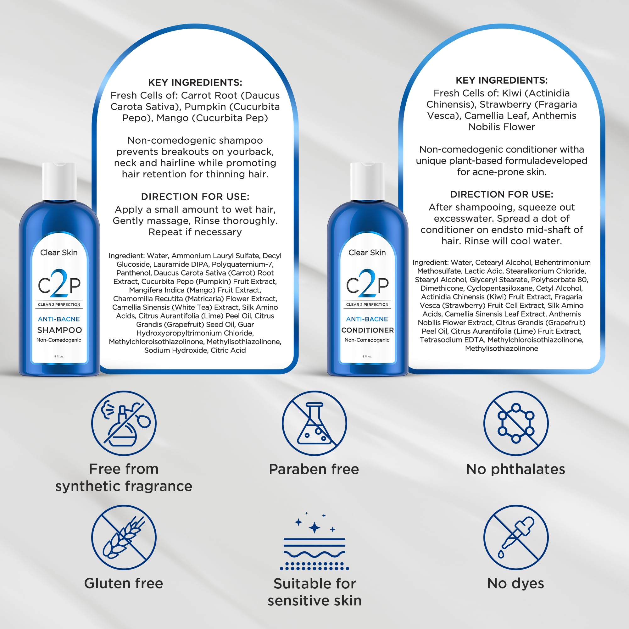 Clear 2 Perfection Non-Comedogenic & Sulfate-Free Shampoo & Conditioner Set for Acne-Prone Skin