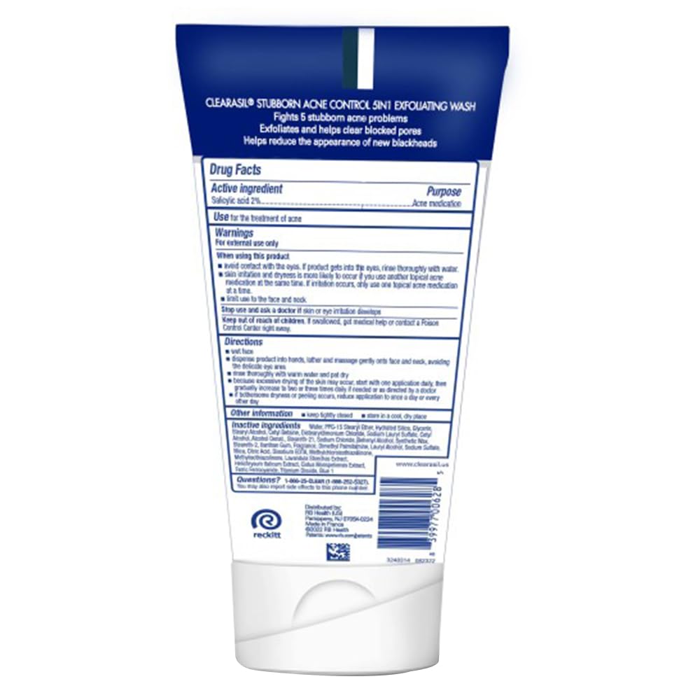 Clearasil Stubborn Acne Control 5in1 Exfoliating Wash – Pack of 5 (6.78 fl oz each)