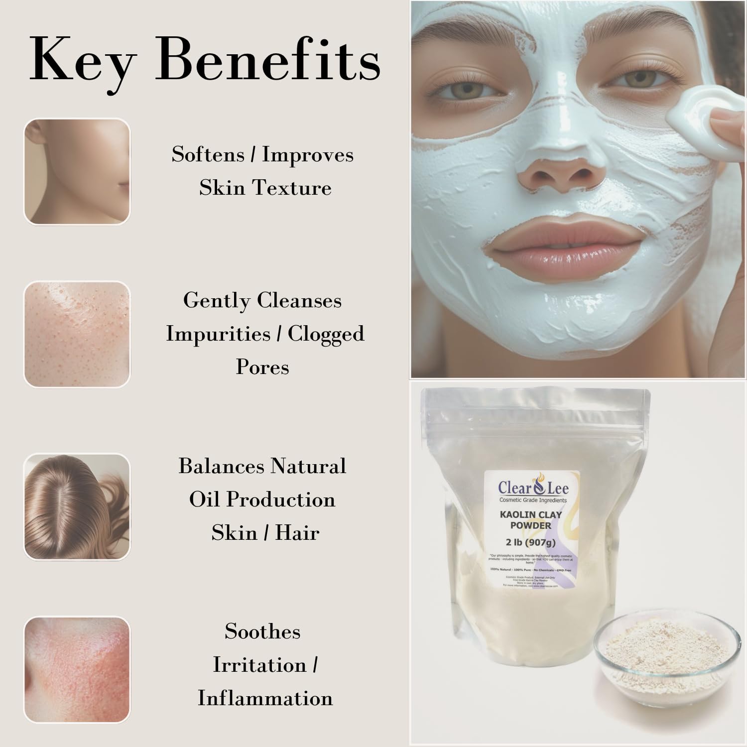 ClearLee Kaolin Clay Cosmetic Grade Powder – 100% Pure, Natural, 1 lb for Skin Detox & DIY Masks
