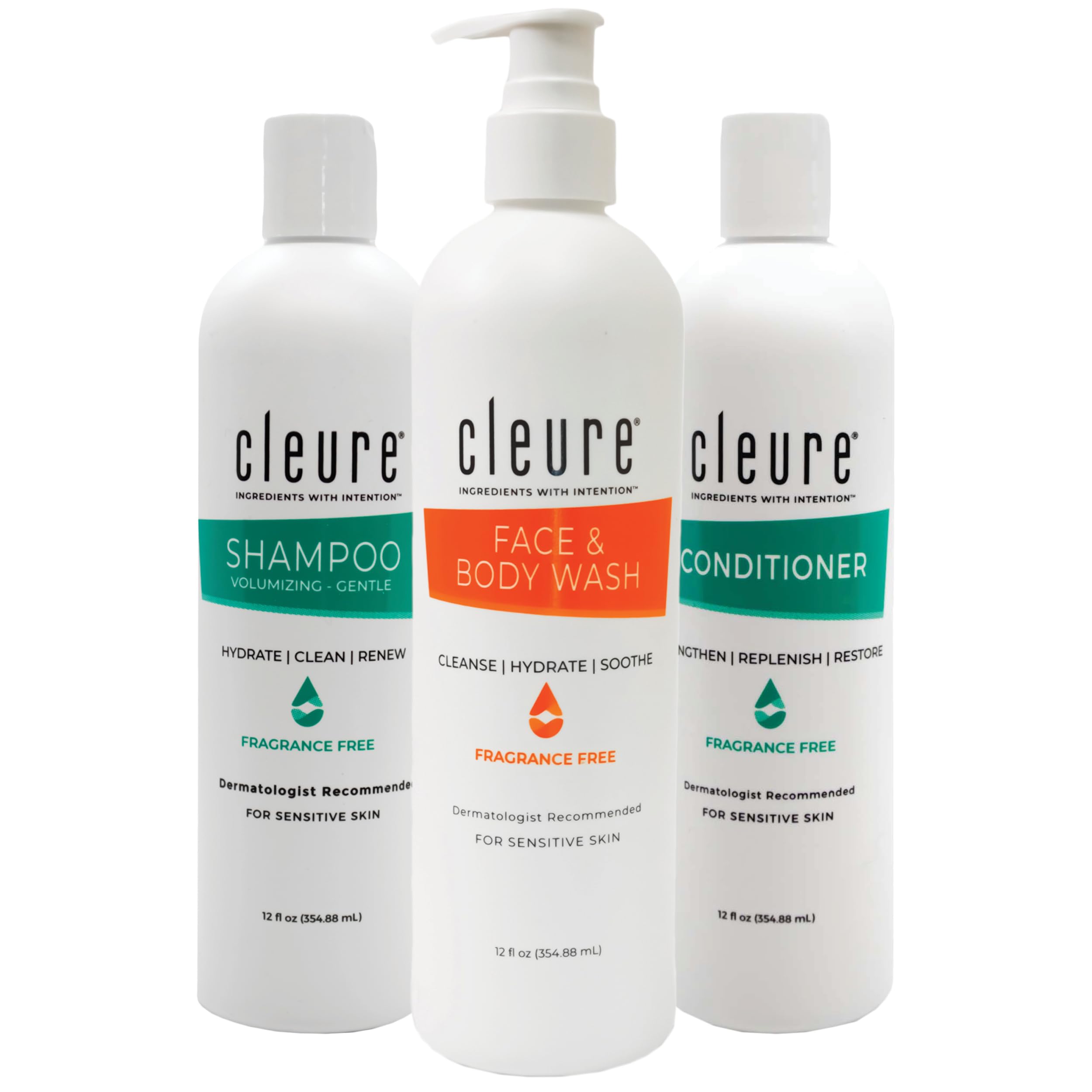 Cleure Fragrance Free Shampoo, Conditioner & Body Wash Set – 3-Piece Bundle (12 fl oz each)