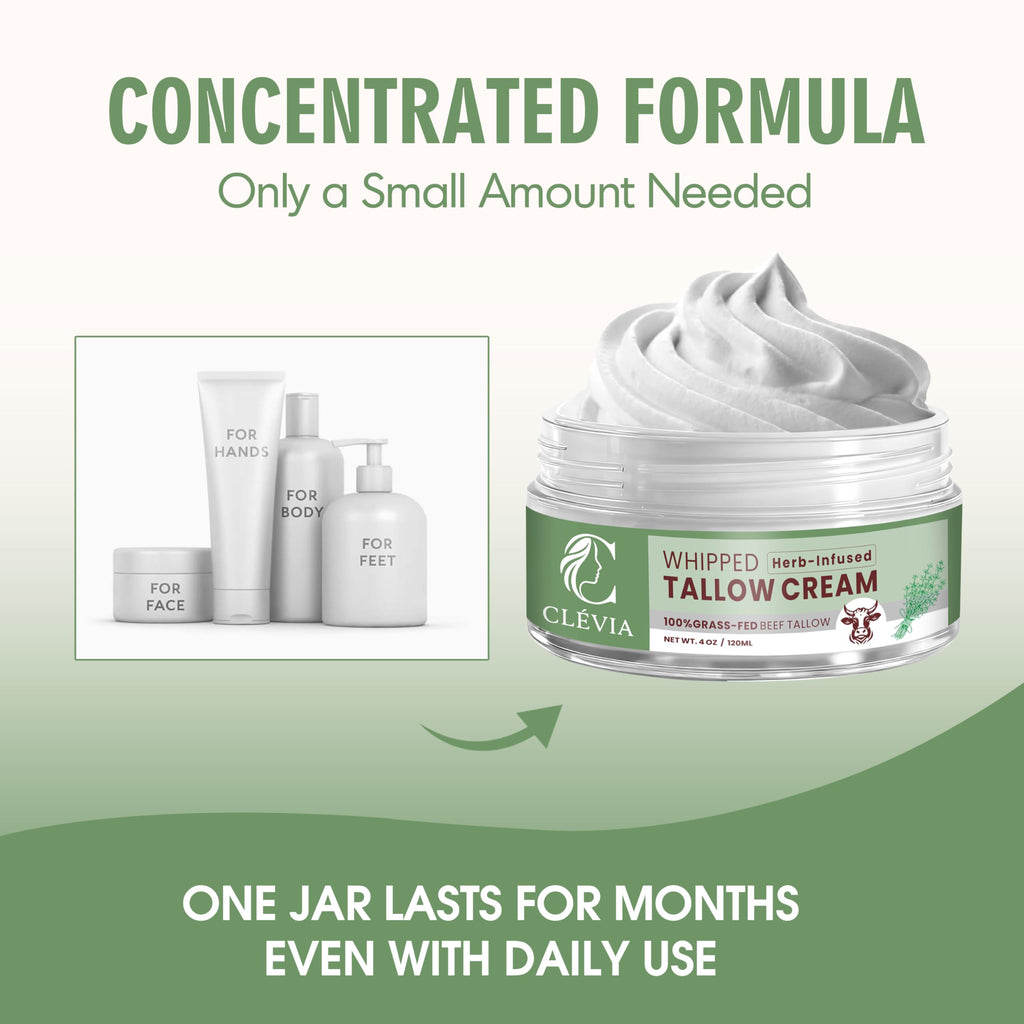 CLÉVIA 100% Grass-Fed Whipped Tallow Cream – Unscented 4 oz Face & Body Balm with Jojoba
