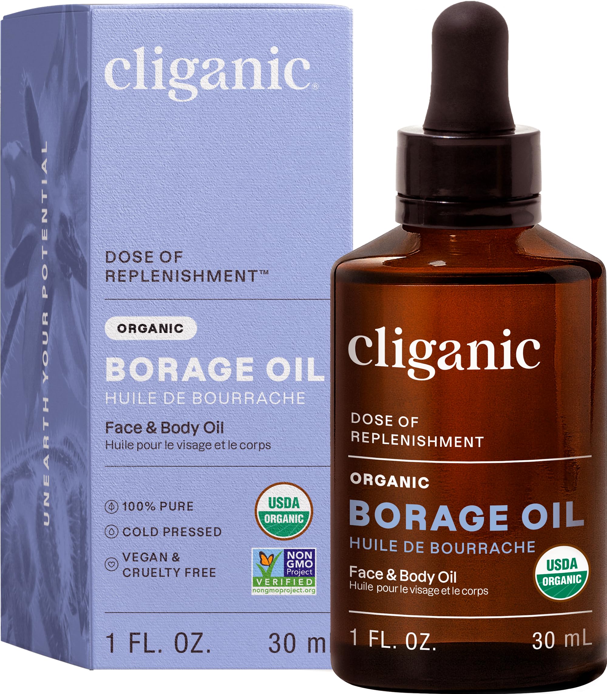 Cliganic Organic Borage Seed Oil for Face — 100% Pure, Cold-Pressed, Non-GMO (1 oz)