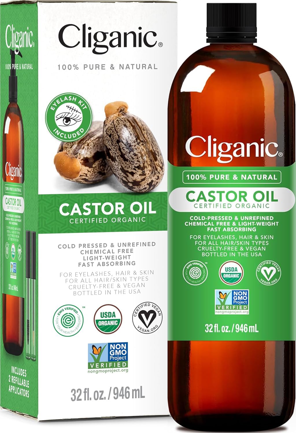 Cliganic Organic Castor Oil 32oz with Eyelash Kit | 100% Pure, Cold-Pressed
