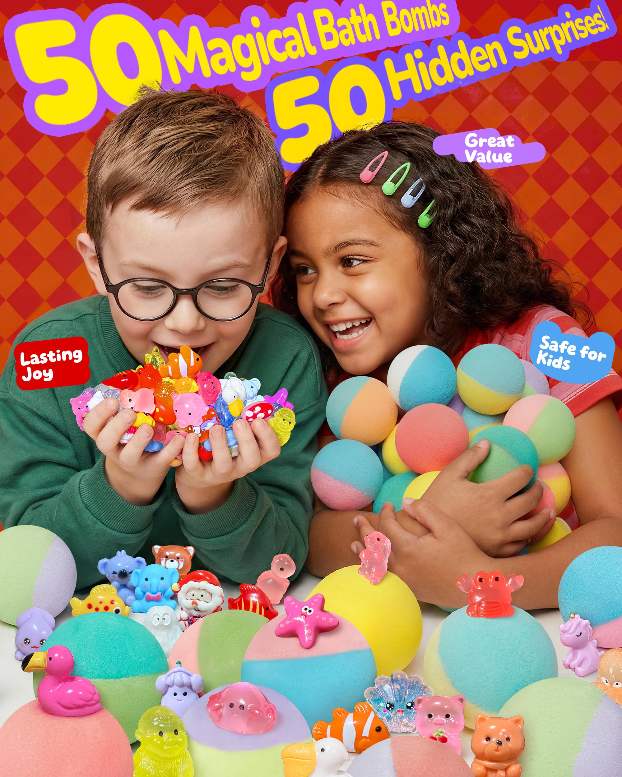 CLOUQUAR 50-Pack Bath Bombs for Kids – Surprises & Glow Toys, Safe & Vegan