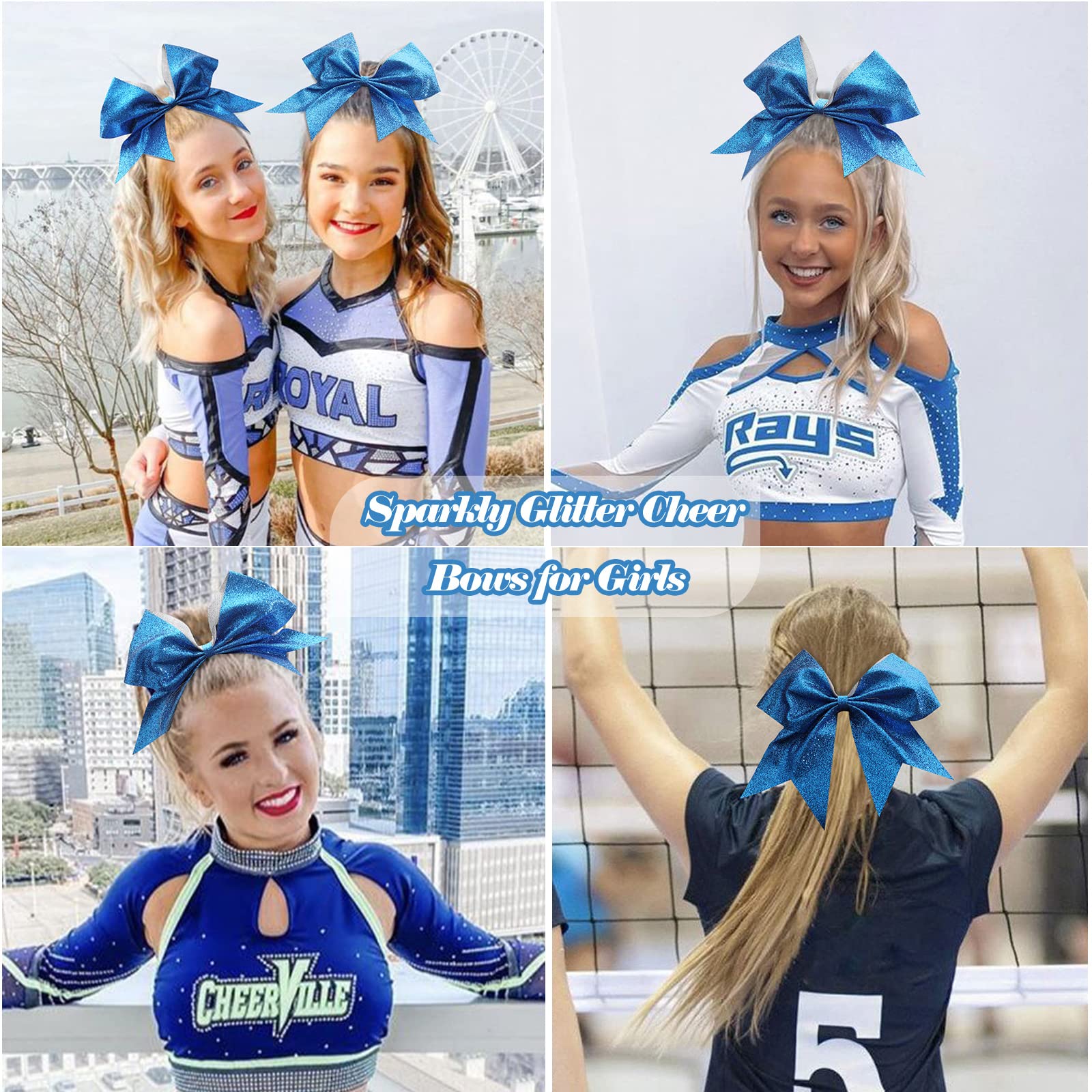 CN 16-Piece 8-Inch Glitter Cheer Bows – Large Blue Sparkly Hair Bows with Elastic Ties