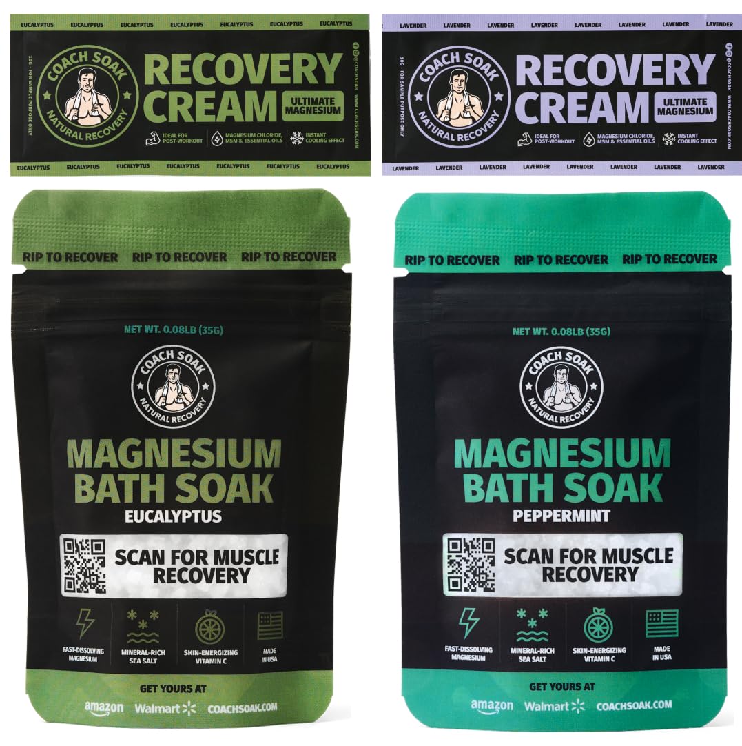 Coach Soak Magnesium Bath Flakes Mint & Lotion Trial Pack – Post-Workout Recovery with Menthol Cream (4-Pack, Mixed Scents)