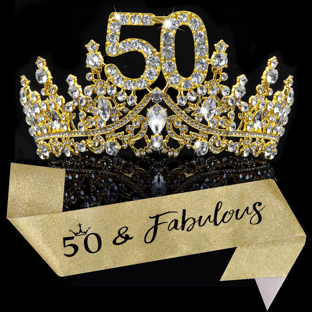 COCIDE 50th Birthday Sash, Crown & Decorations Set | Glitter Sash & Tiara for Women & Girls