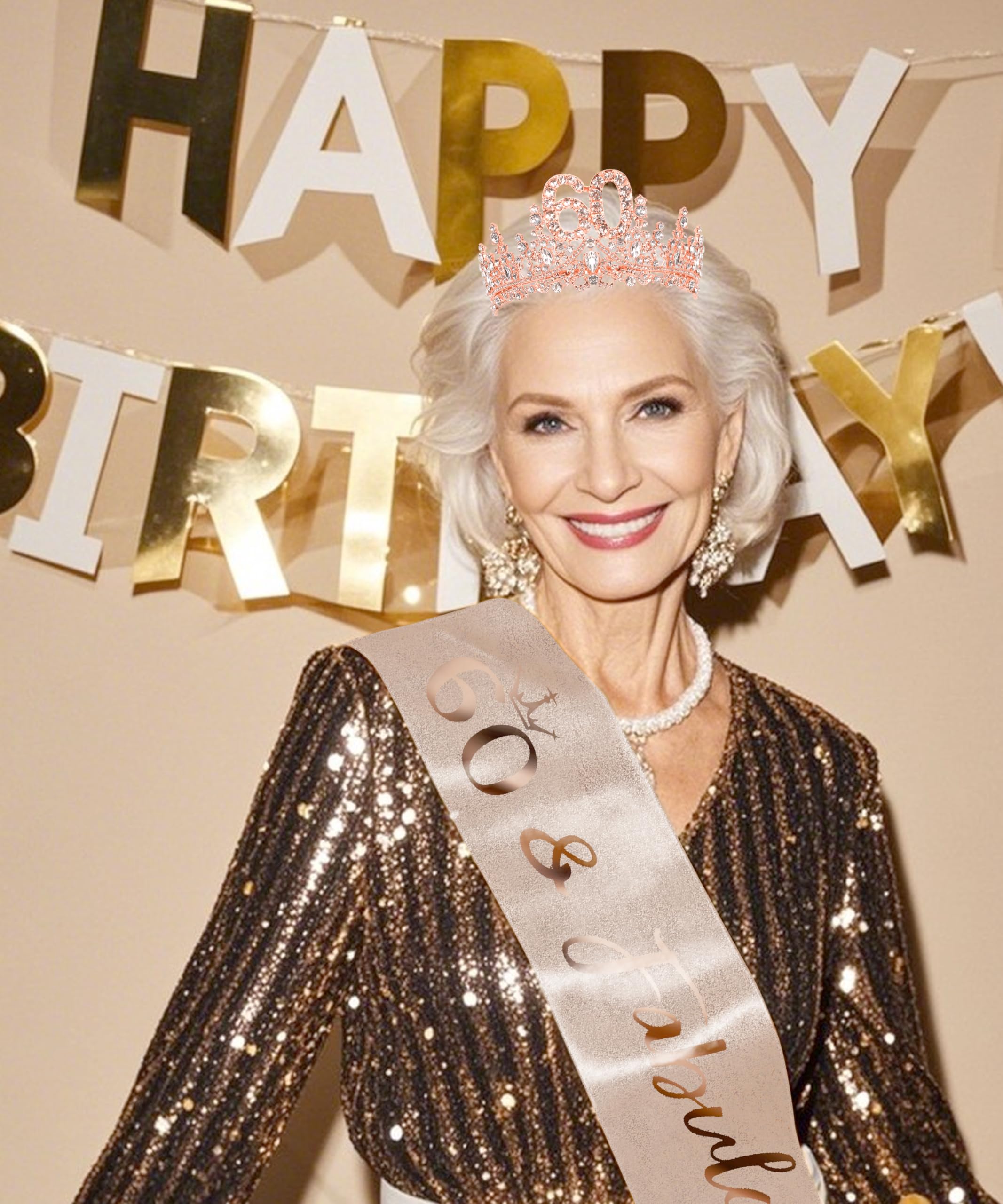 COCIDE 60th Birthday Sash, Crown & Decorations Set - Glitter Sash, Crystal Tiara for Women & Girls