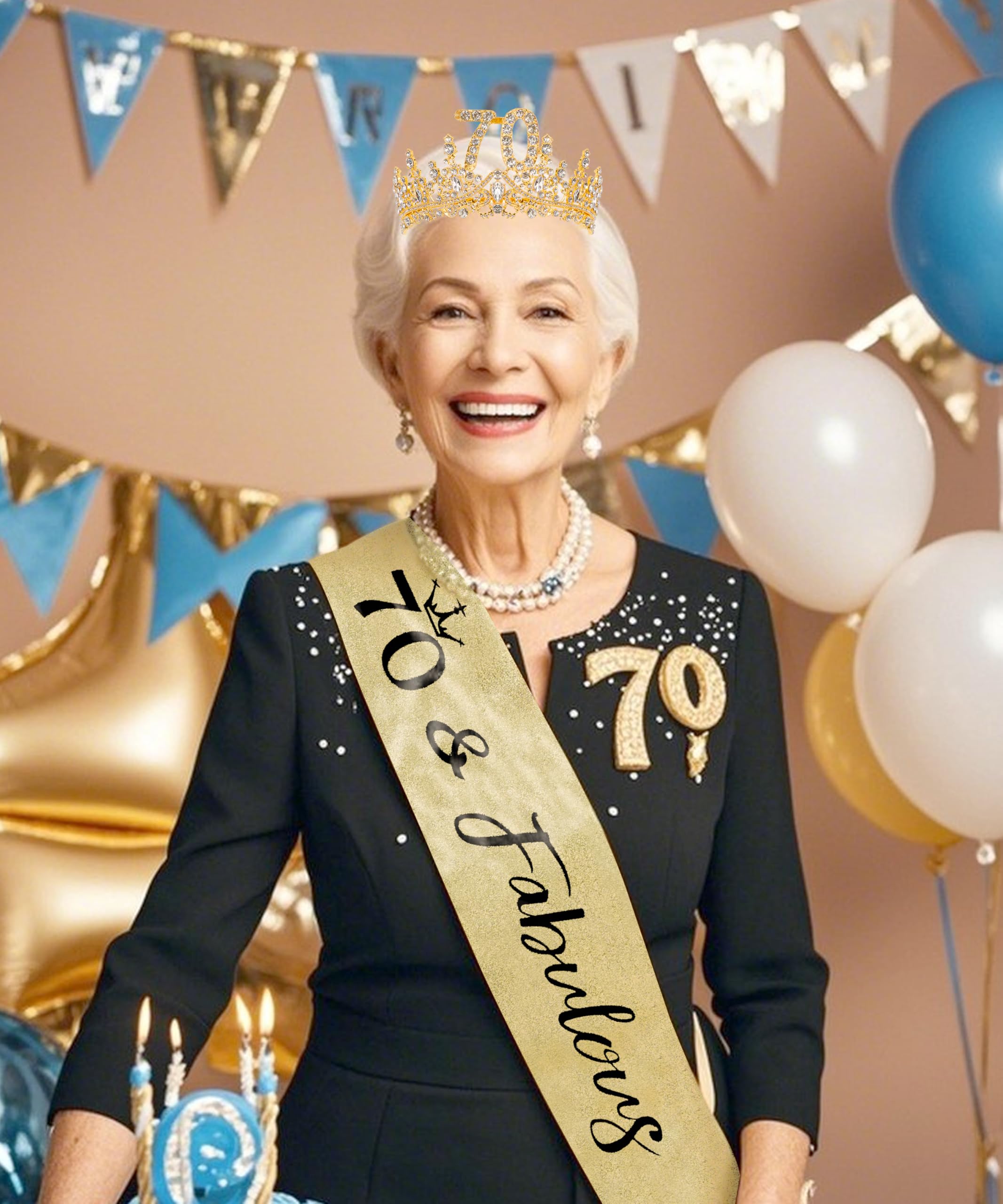COCIDE 70th Birthday Sashes, Crowns & Decorations – Glitter Sash + Crystal Tiara Set