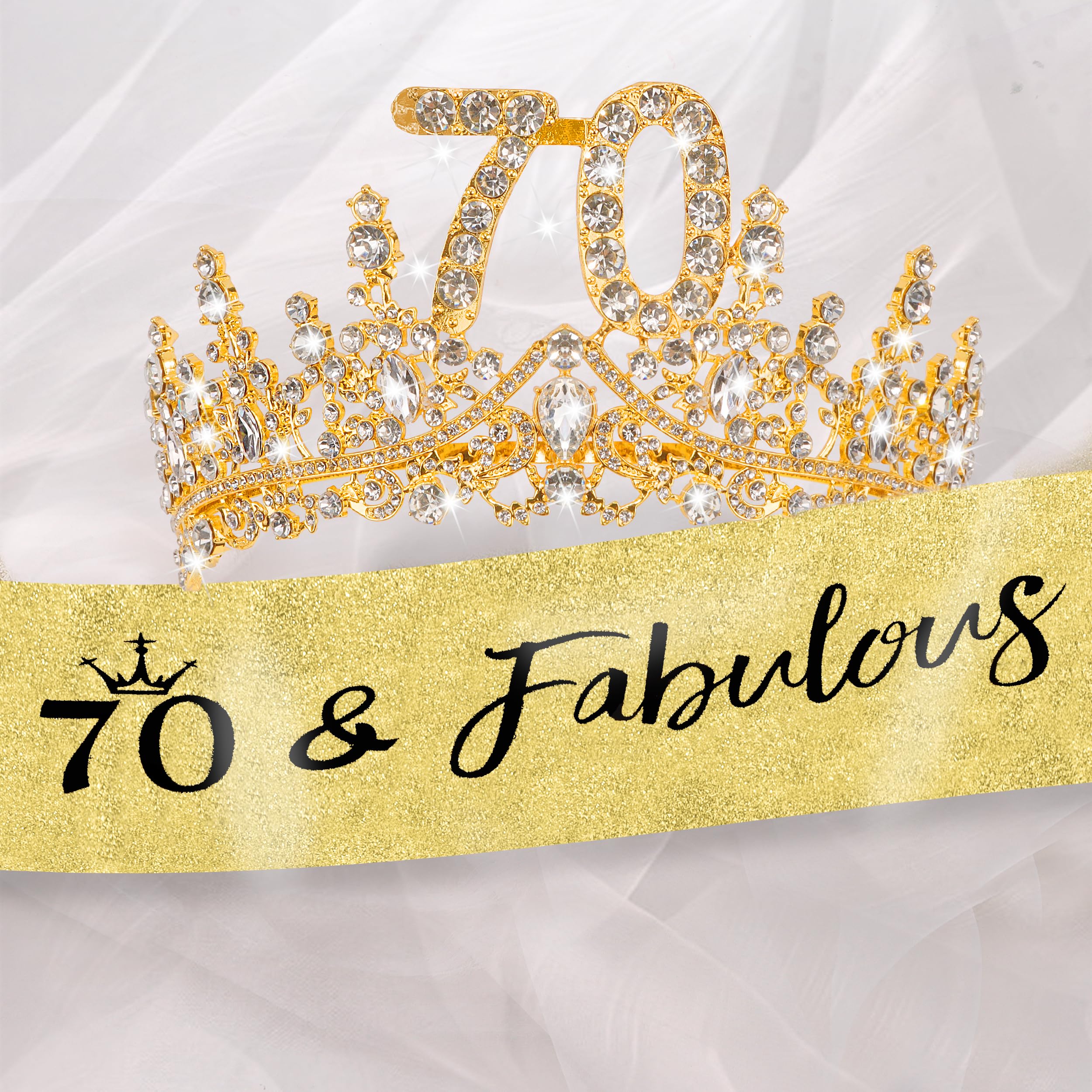 COCIDE 70th Birthday Sashes, Crowns & Decorations – Glitter Sash + Crystal Tiara Set