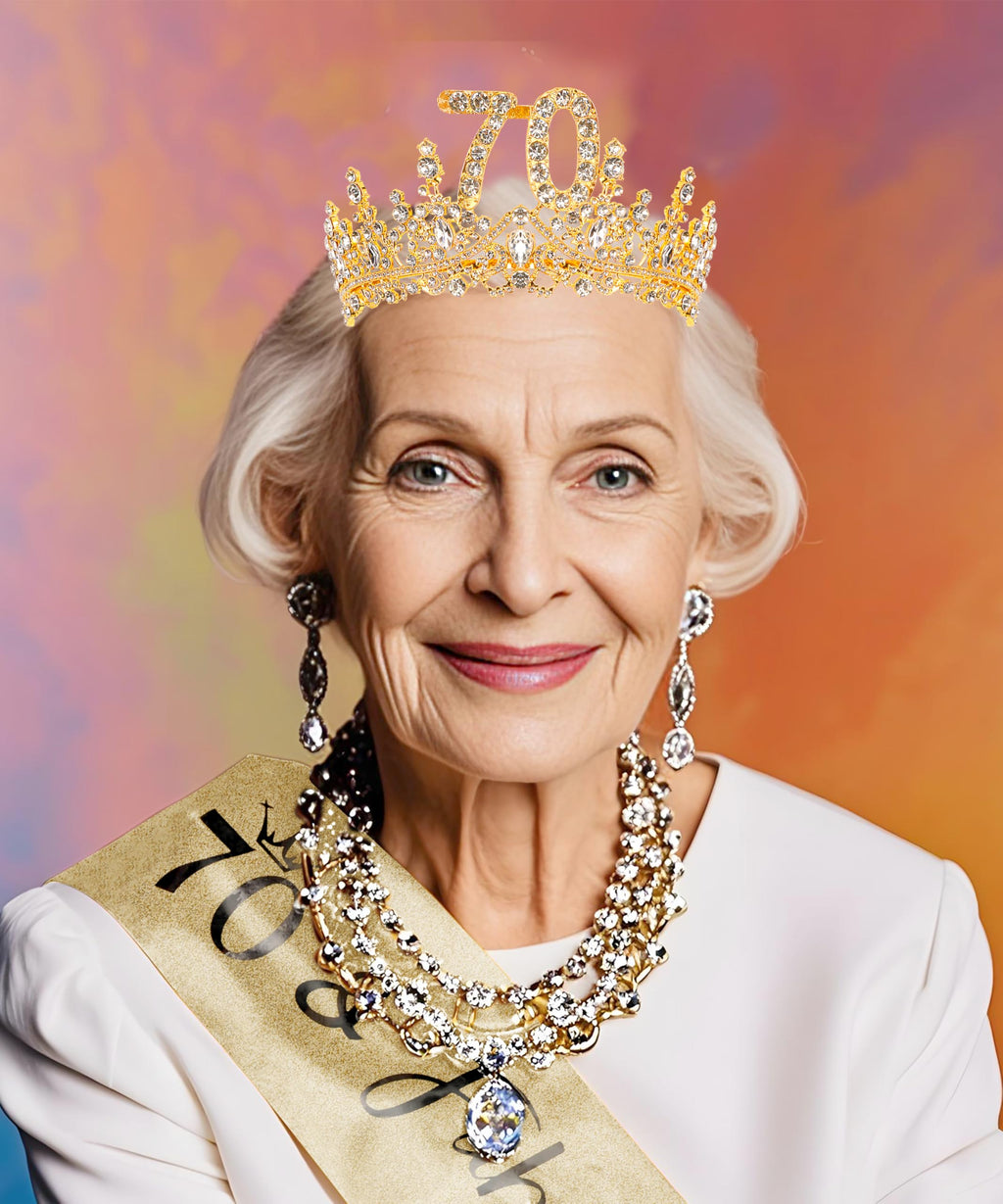COCIDE 70th Birthday Sashes, Crowns & Decorations – Glitter Sash + Crystal Tiara Set