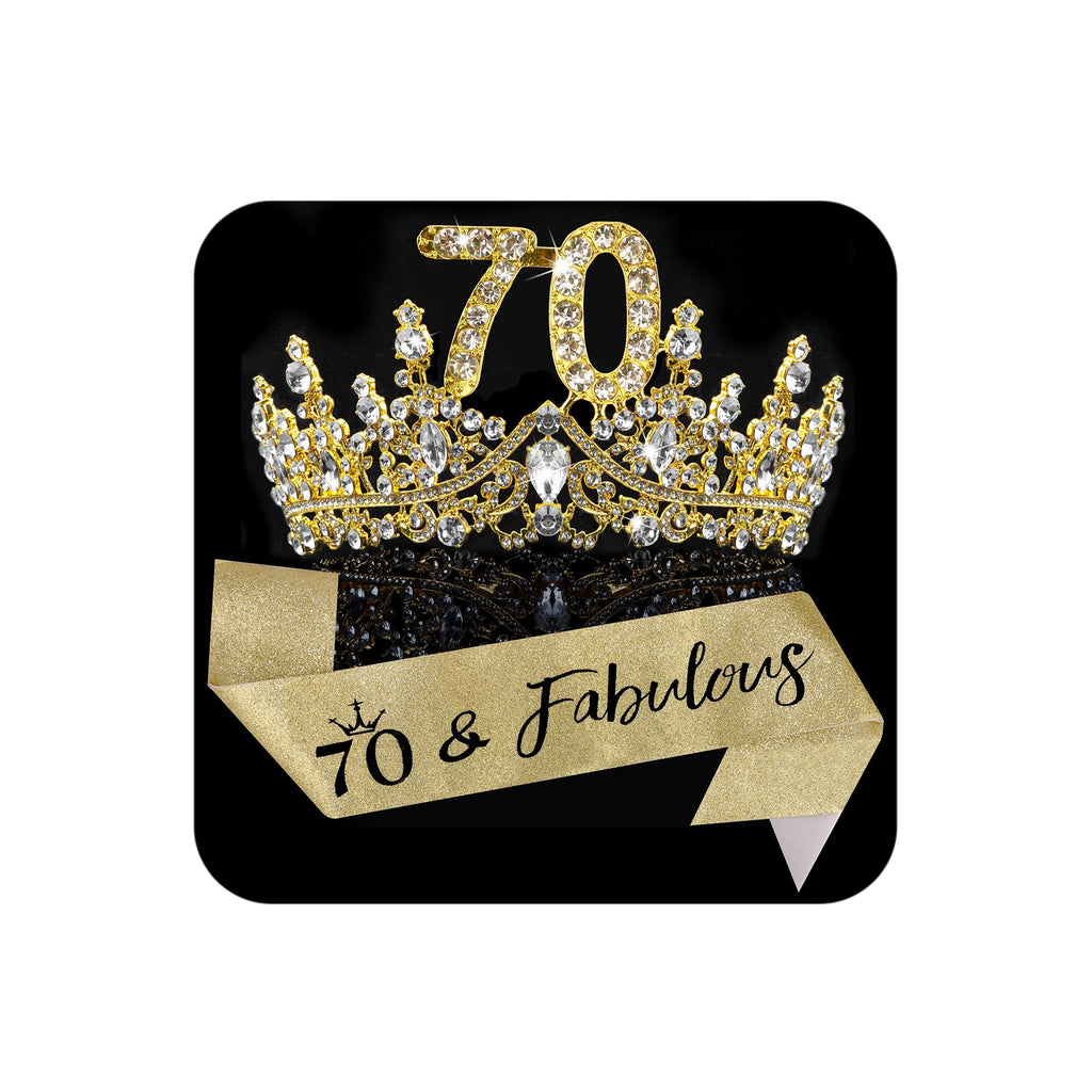 COCIDE 70th Birthday Sashes, Crowns & Decorations – Glitter Sash + Crystal Tiara Set
