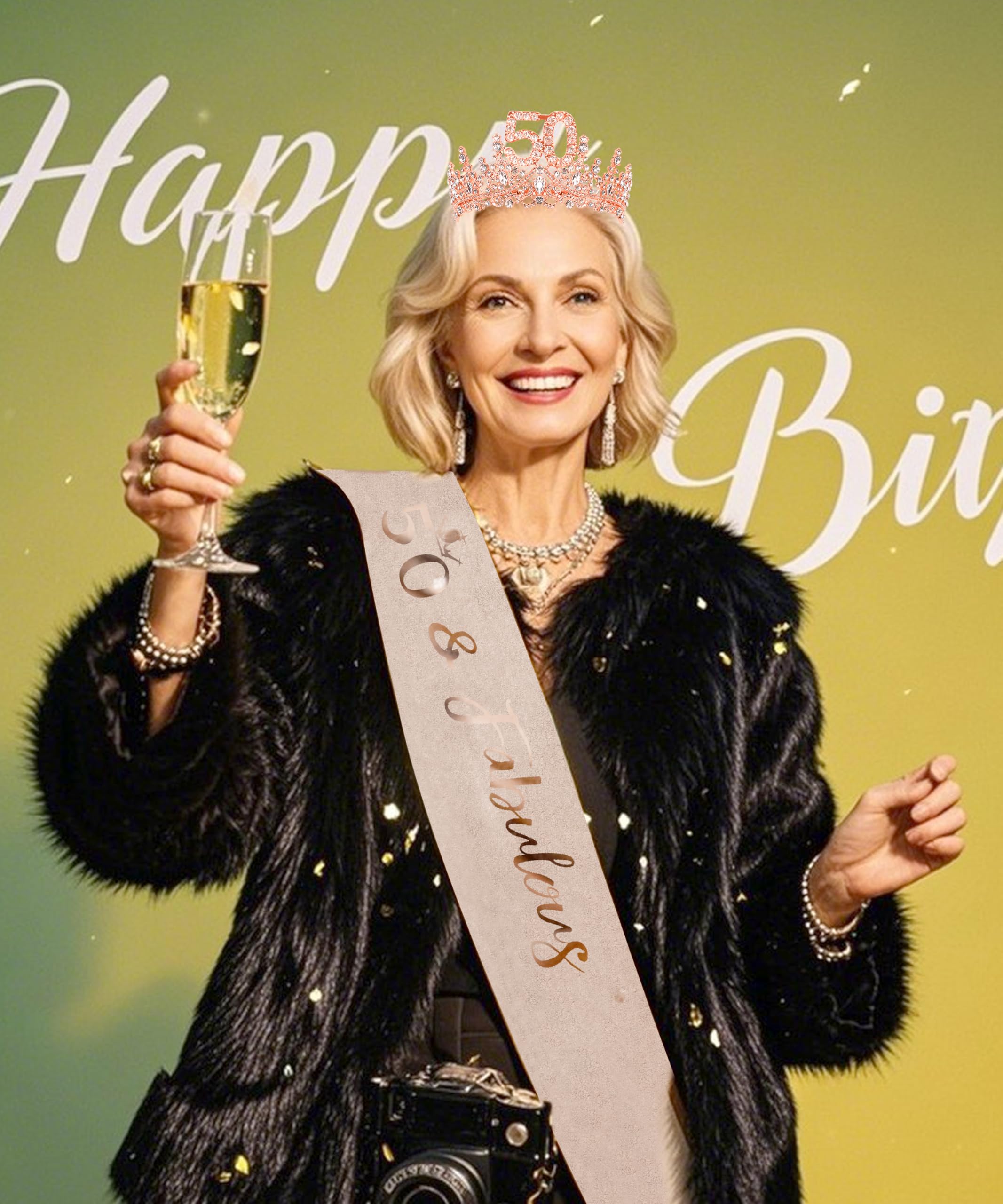 COCIDE 50th Birthday Sash, Crown & Decorations – Glitter Sash + Rhinestone Tiara Set