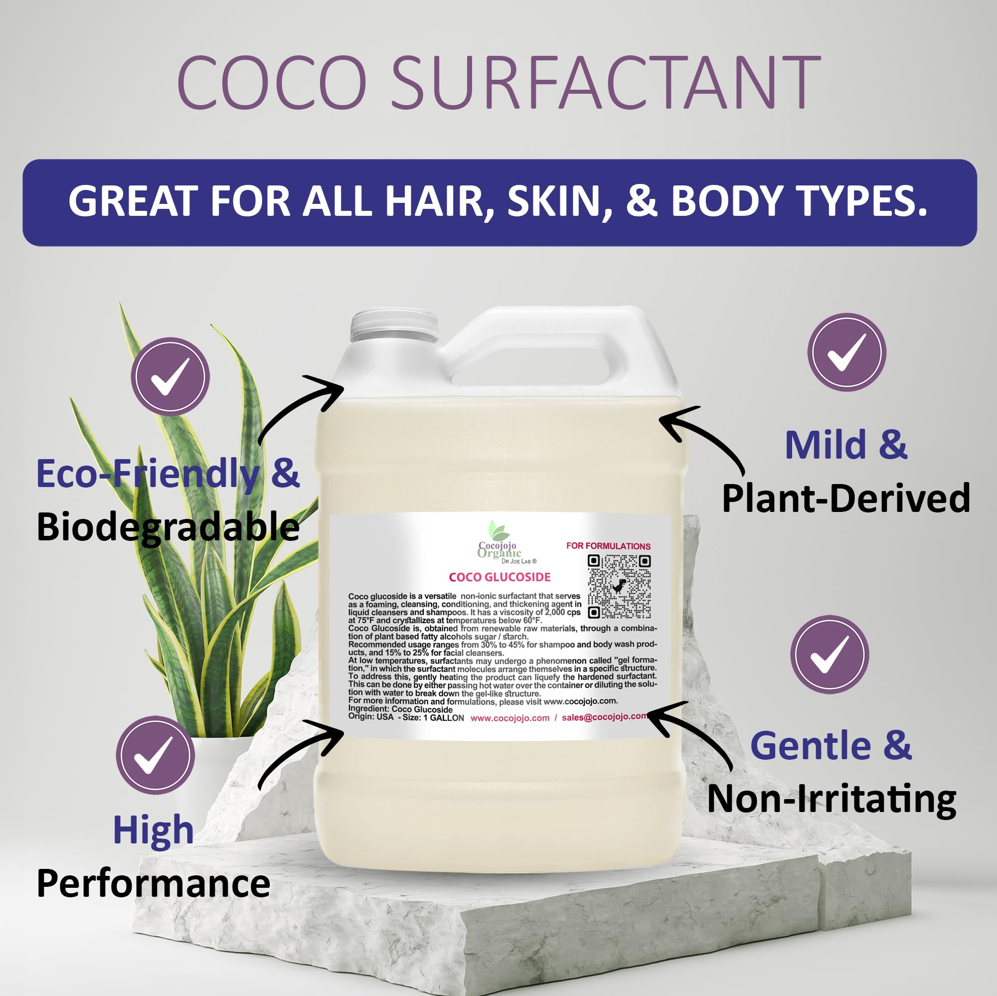 Cocojojo Coco Glucoside Natural Surfactant – Plant-Derived, Fragrance-Free, 1 Gallon