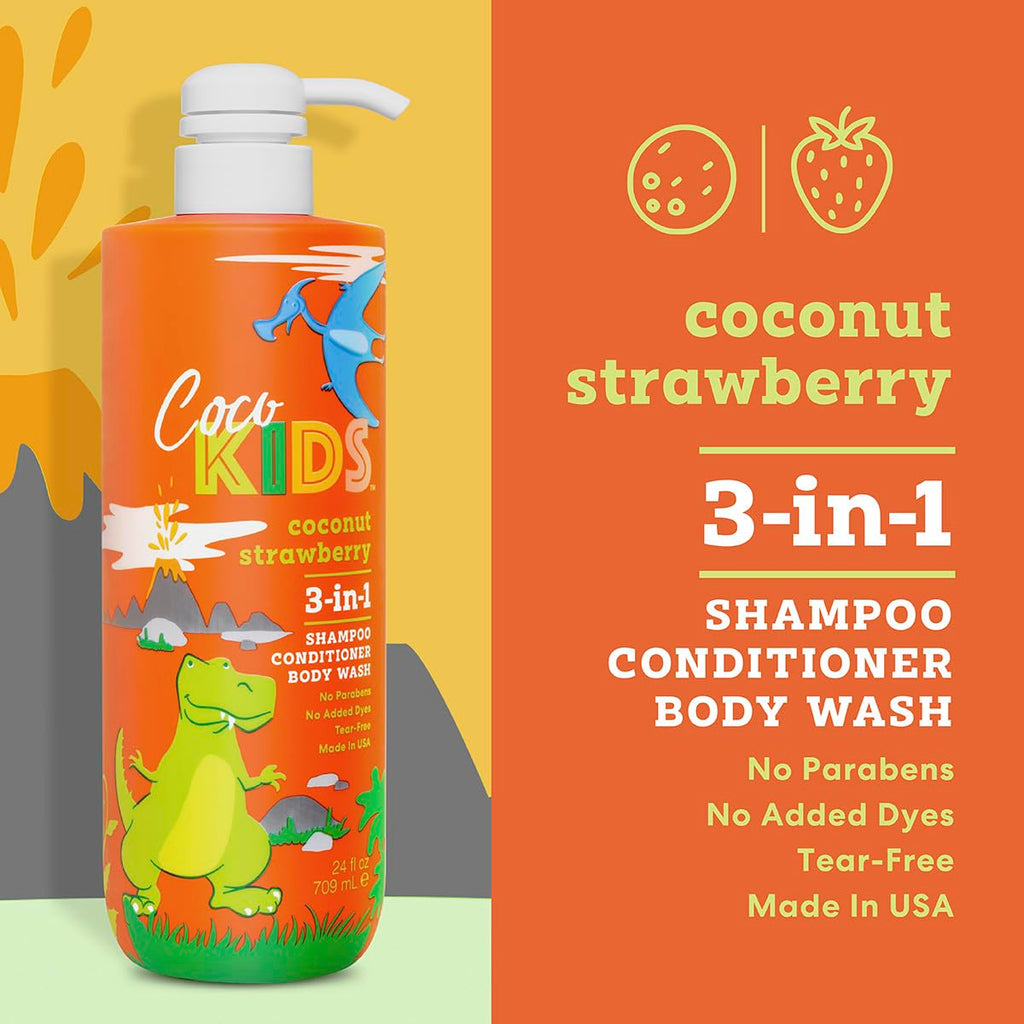 Cocomagic Cocokids 3-in-1 Kids Shampoo, Conditioner & Body Wash | Tear-Free, No Parabens | Made in USA, Coconut Strawberry, 24 fl oz