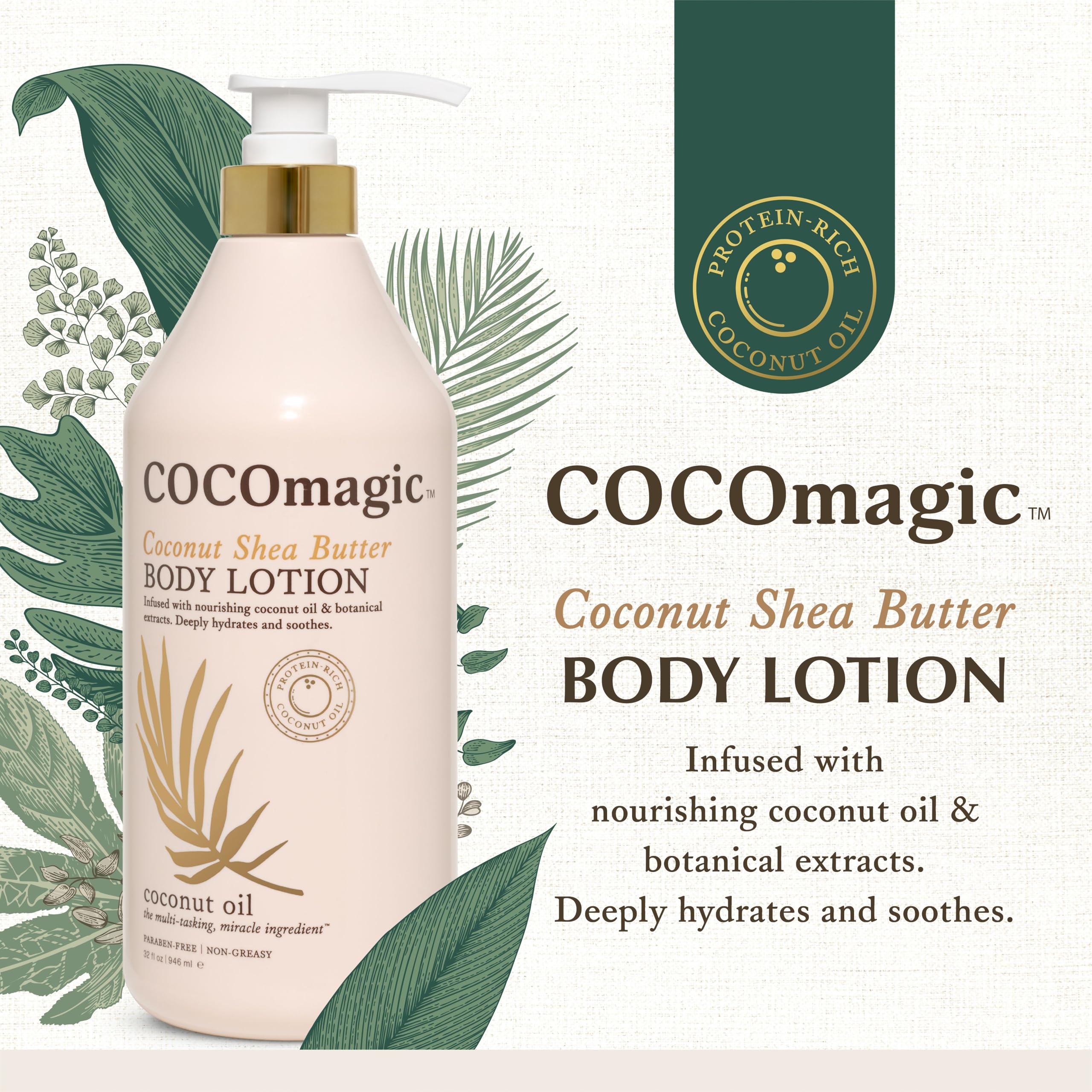 Cocomagic Coconut Shea Butter Body Lotion | Deep Hydration, Non-Greasy Formula (32 oz) | Paraben-Free
