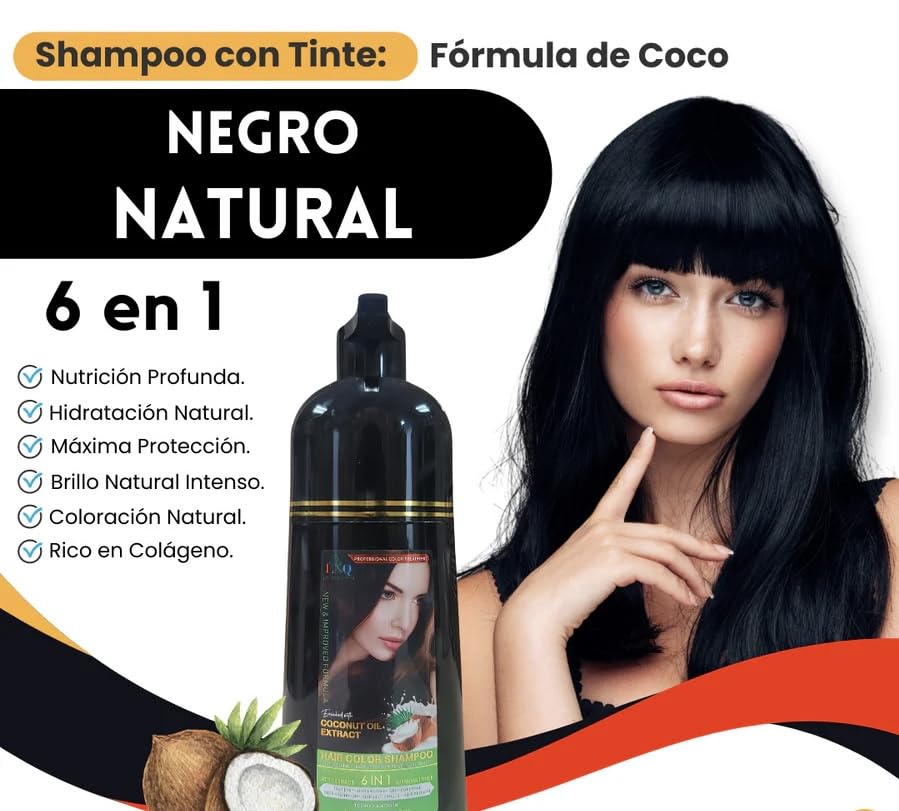 Coconut Oil Color Shampoo – Natural Black, 500 ml | 6-in-1 Ammonia-Free