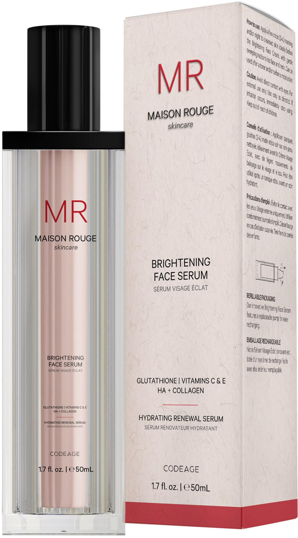 Codeage Maison Rouge Brightening Serum – Glutathione, Vitamin C & Hyaluronic Acid, Refillable