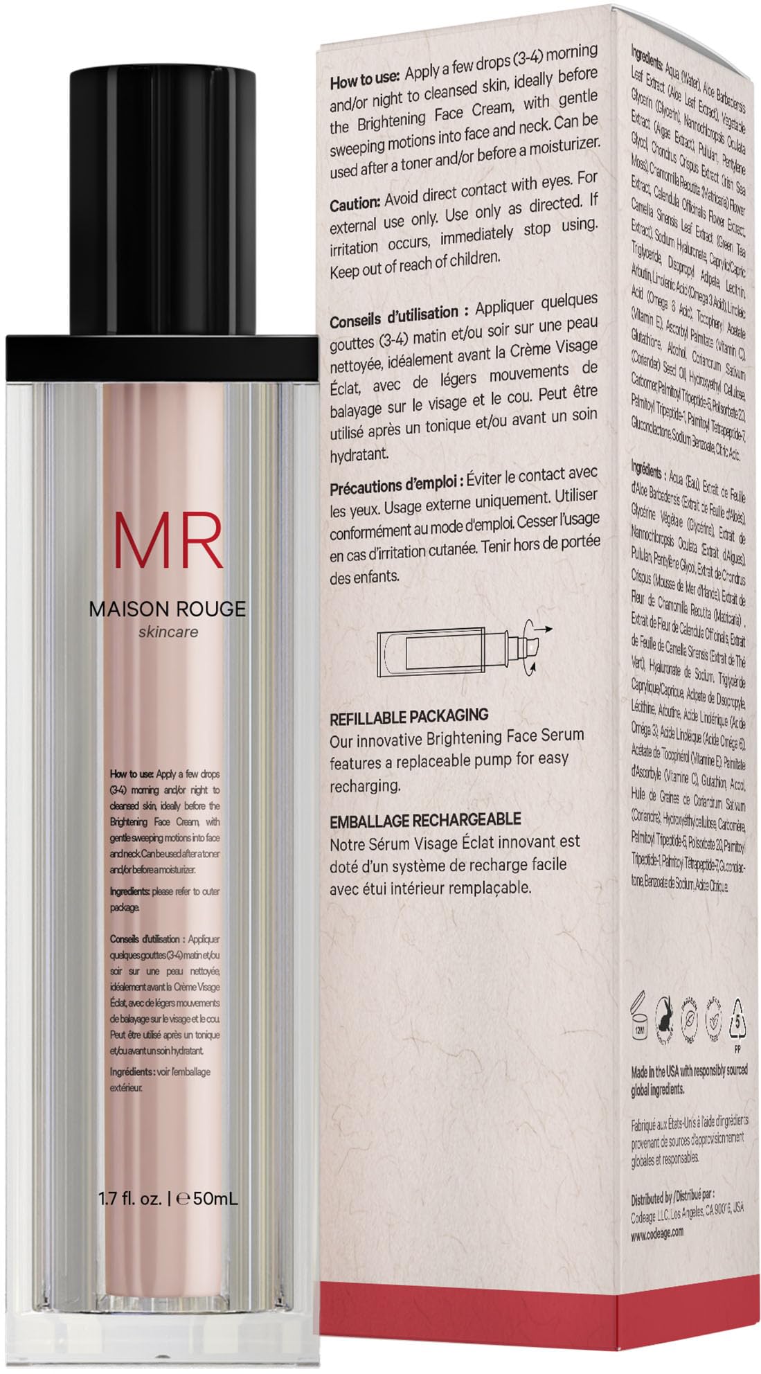 Codeage Maison Rouge Brightening Serum – Glutathione, Vitamin C & Hyaluronic Acid, Refillable