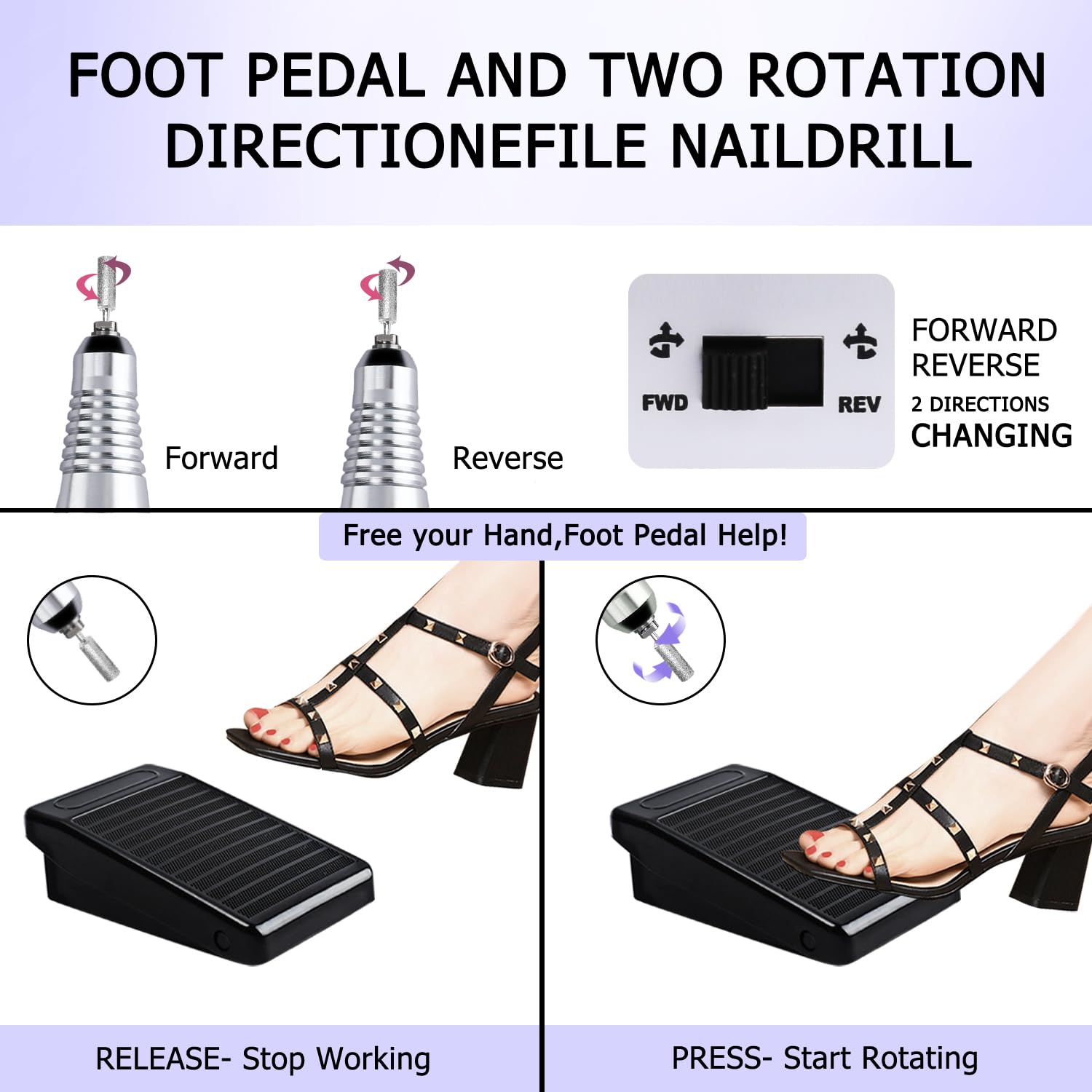 CoFashion Professional Nail Drill with Pedal – 30000 RPM E-File for Home or Salon