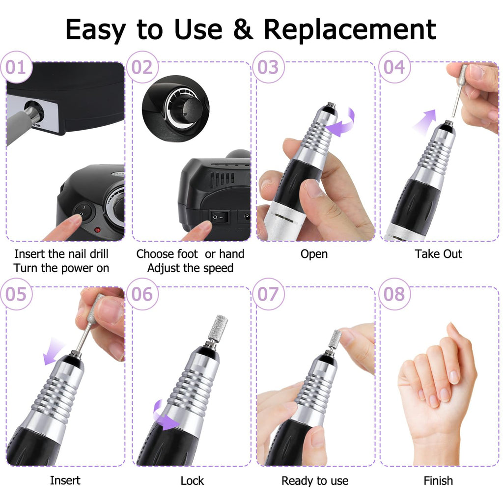 CoFashion Electric Nail Drill 30000RPM Efile Kit – 6 Bits & 6 Sanding Bands for Acrylic & Gel Nails