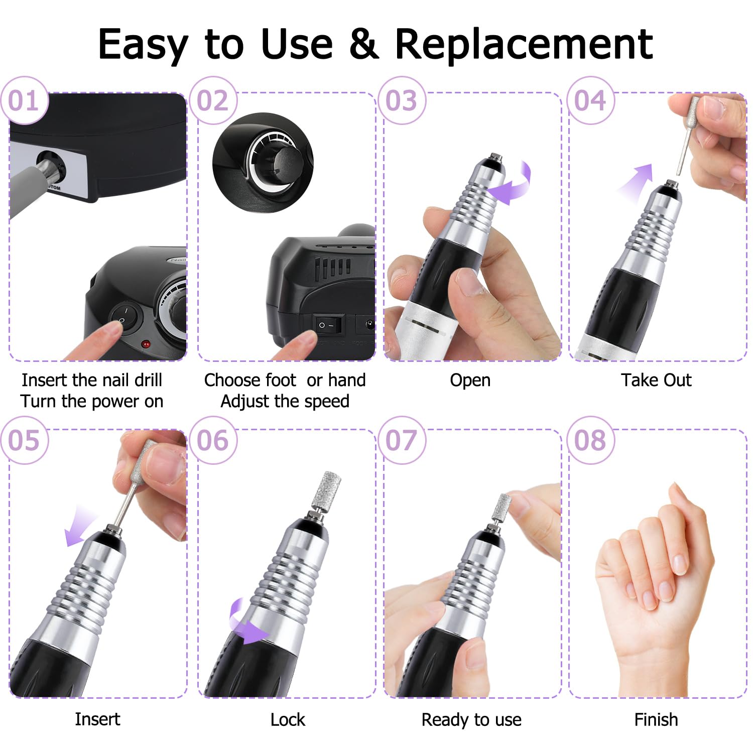 CoFashion Electric Nail Drill 30000RPM Efile Kit – 6 Bits & 6 Sanding Bands for Acrylic & Gel Nails