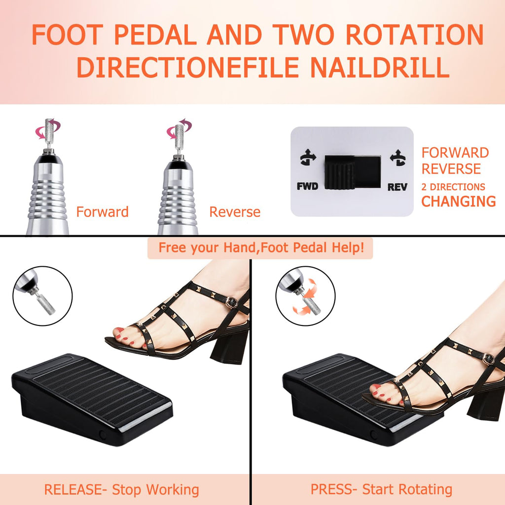 CoFashion Acrylic Nail Drill 30000 RPM with Foot Pedal – E File for Gel Nails