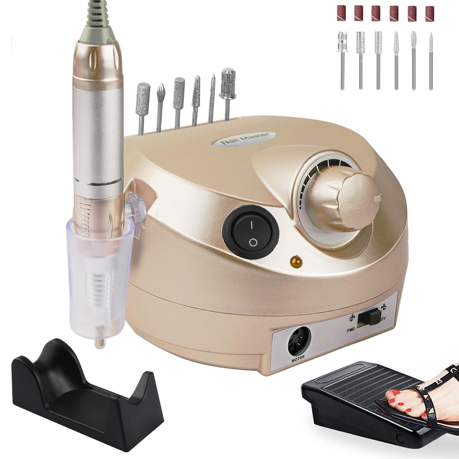 CoFashion Portable Electric Nail Drill – 30000 RPM, 6 Bits + 6 Sanding Bands, Home Salon Kit (Golden)