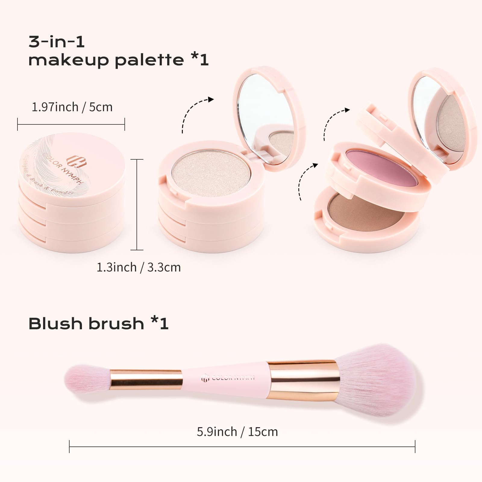 Color Nymph 3-Color Contour Blush Highlighter Palette – Pink | Travel-Size Makeup Kit