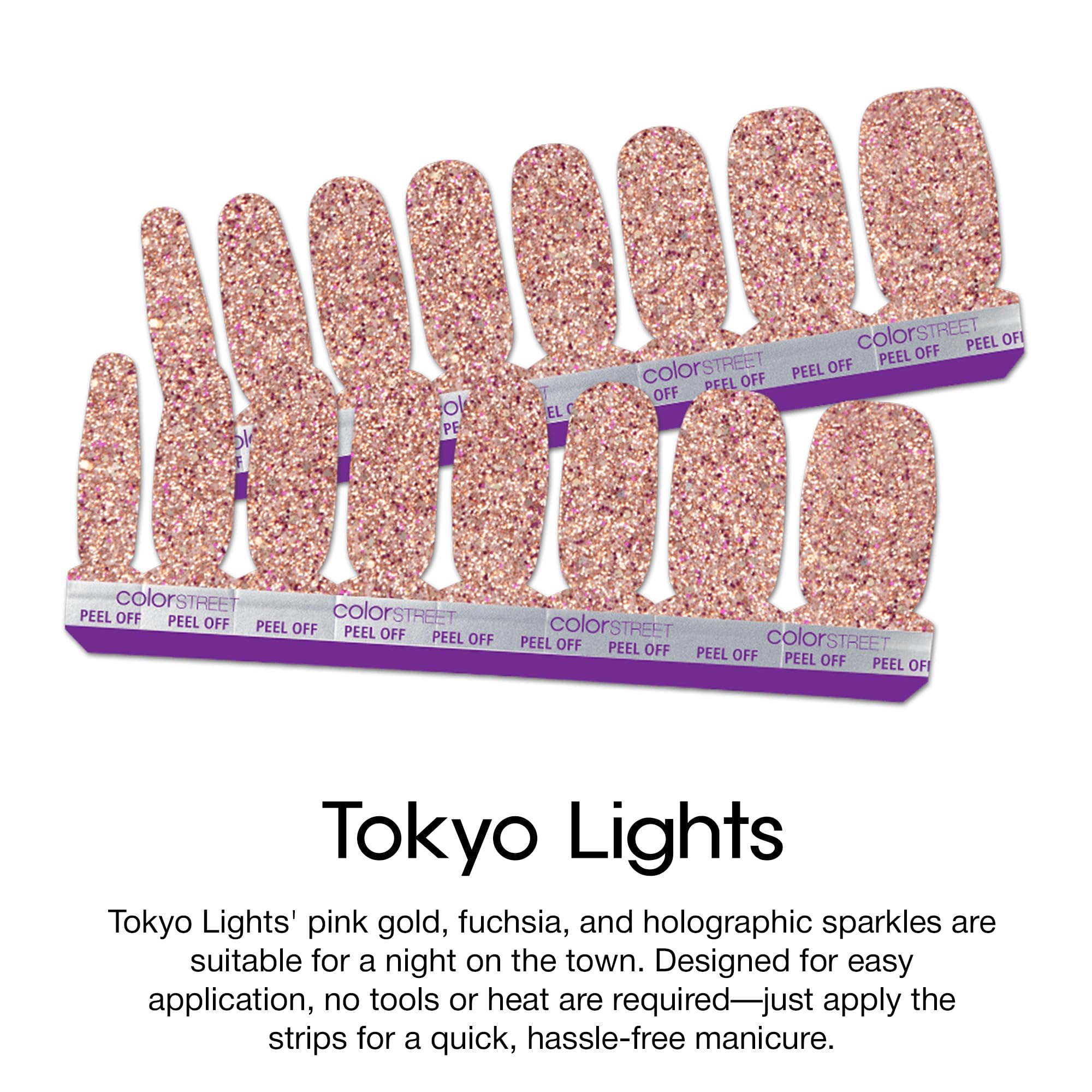 Color Street Tokyo Lights Nail Strips – Pink Gold Glitter & Fuchsia Finish