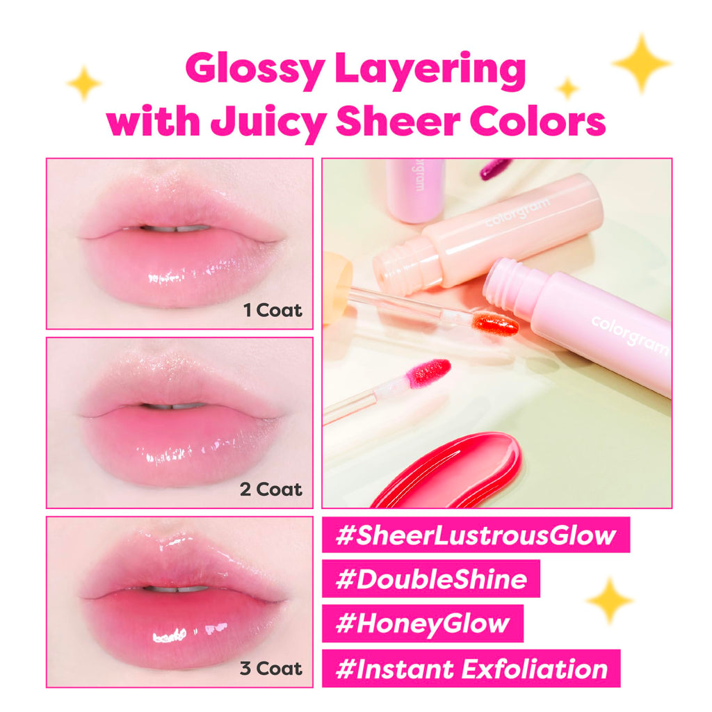 COLORGRAM Fruity Glass Gloss 05 Baby Lychee – Non-Sticky Lip Gloss with Glass Shine