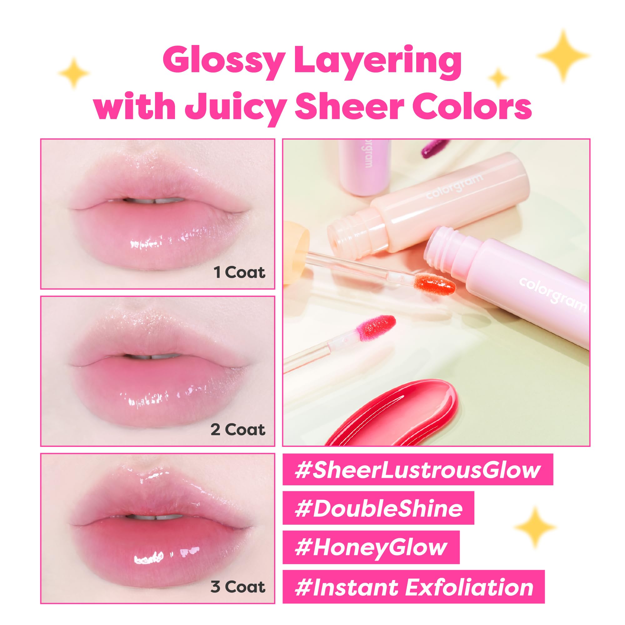 COLORGRAM Fruity Glass Gloss 05 Baby Lychee – Non-Sticky Lip Gloss with Glass Shine