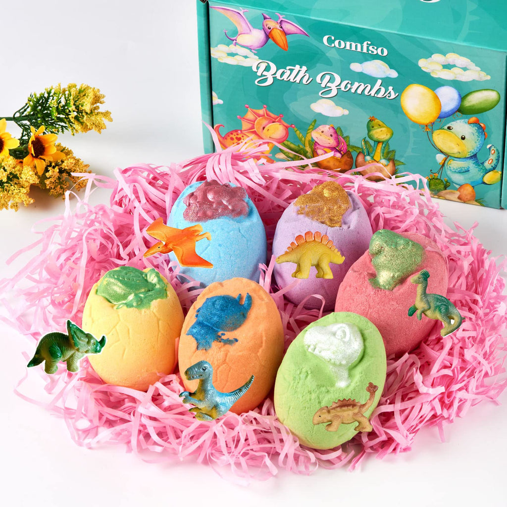 Comfso Kids Bath Bombs – XL Dino Eggs with Surprise Toys | Natural Bubble Bath Gift Set