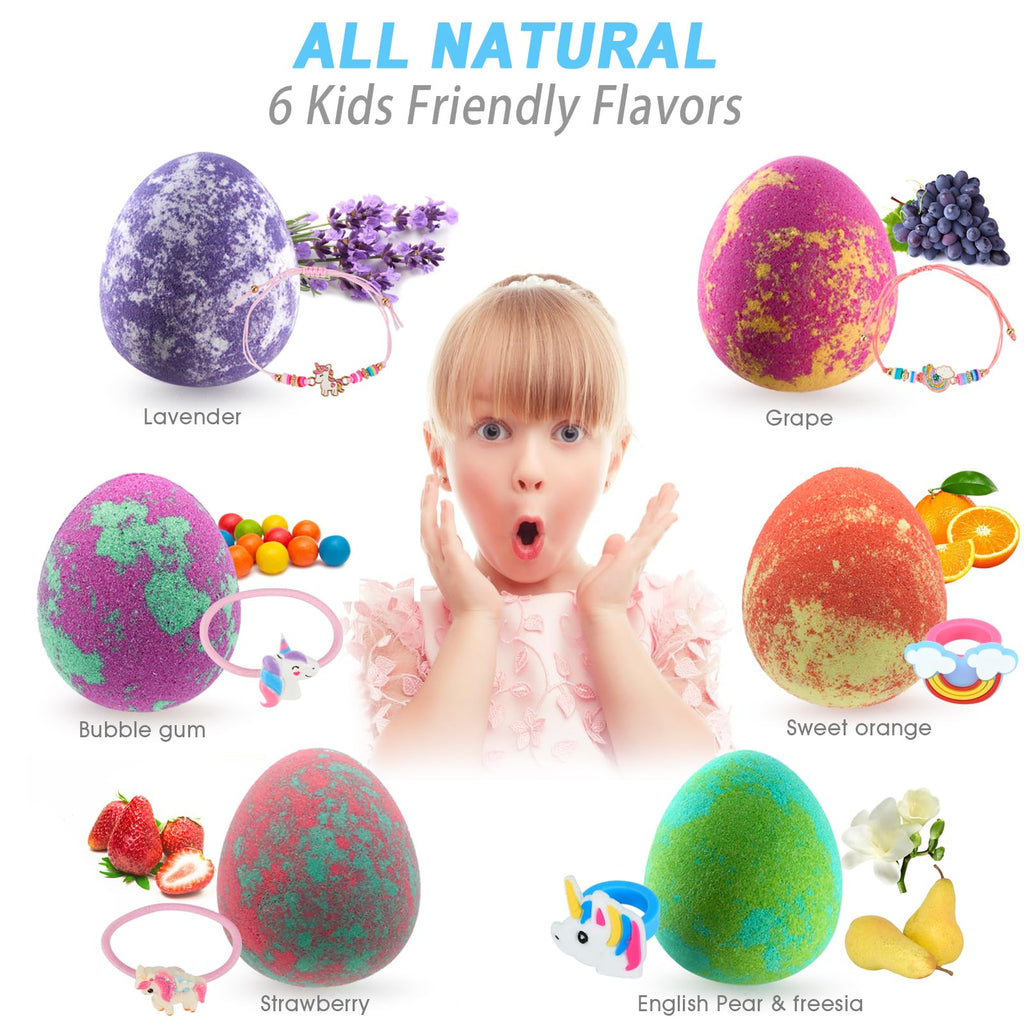 Comfso Dino Egg Bath Bombs for Kids – 6 Surprises & Unicorn Jewelry Gift Set