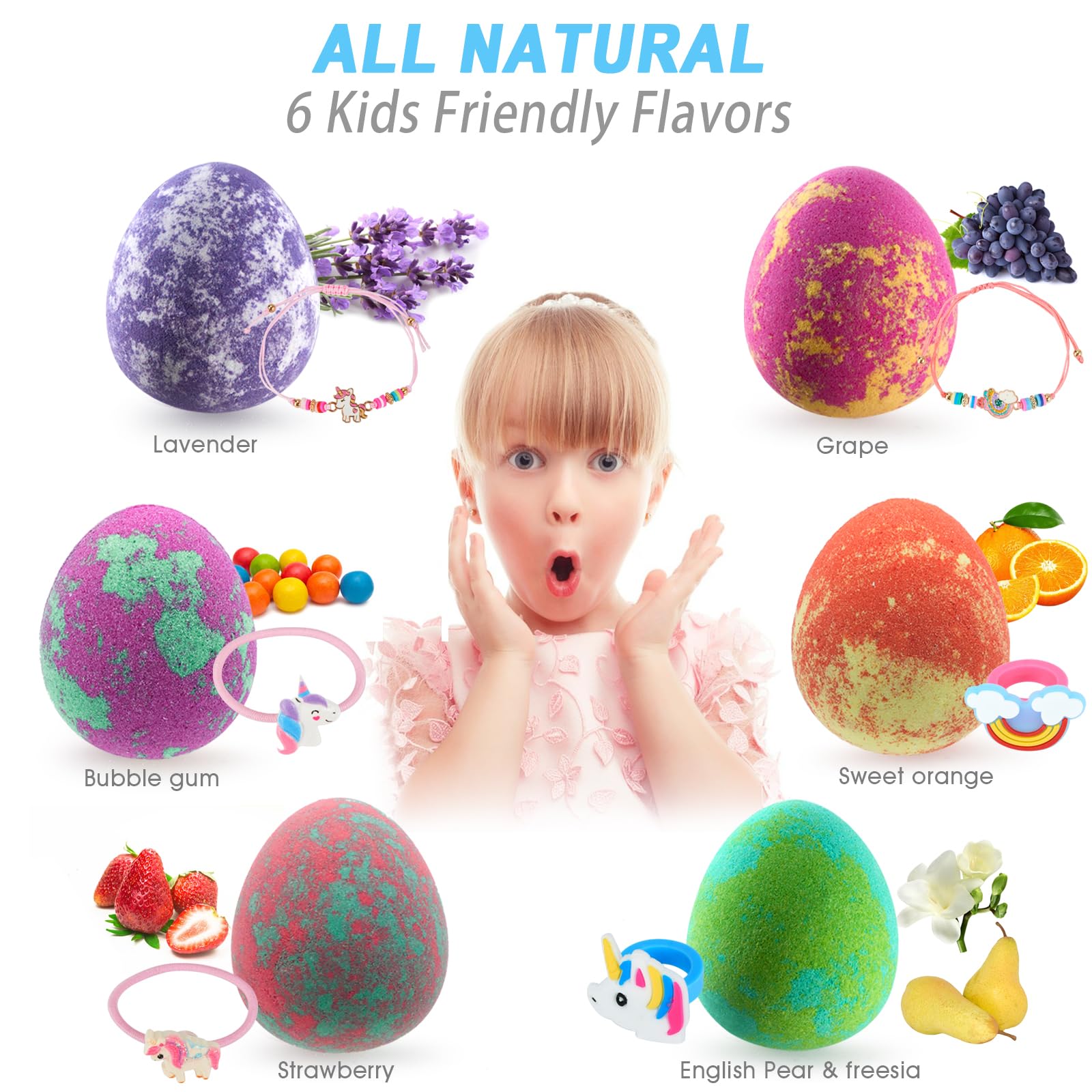 Comfso Dino Egg Bath Bombs for Kids – 6 Surprises & Unicorn Jewelry Gift Set