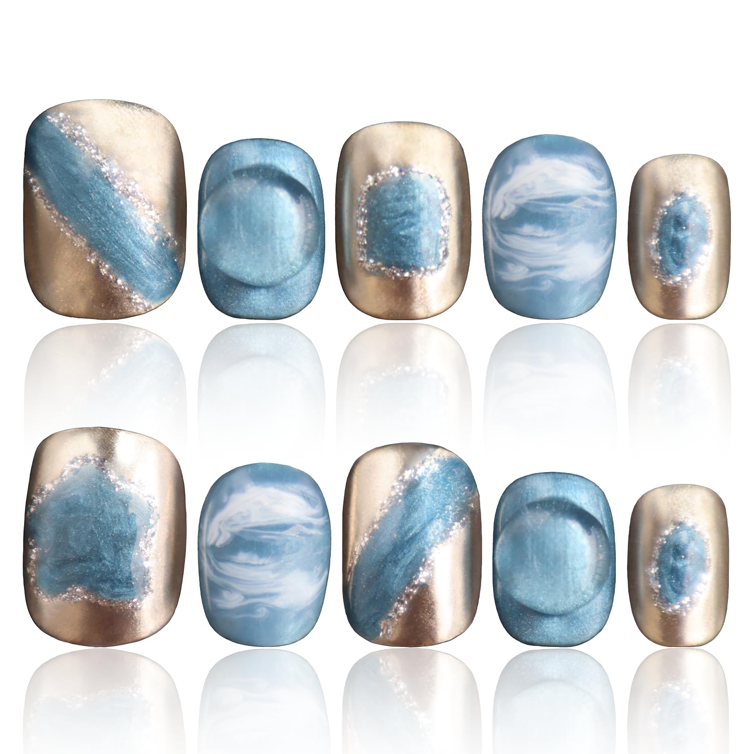 COOLYOUNG Short Square Press On Nails – Handmade Blue Acrylic, 10-Piece Set (Size S)